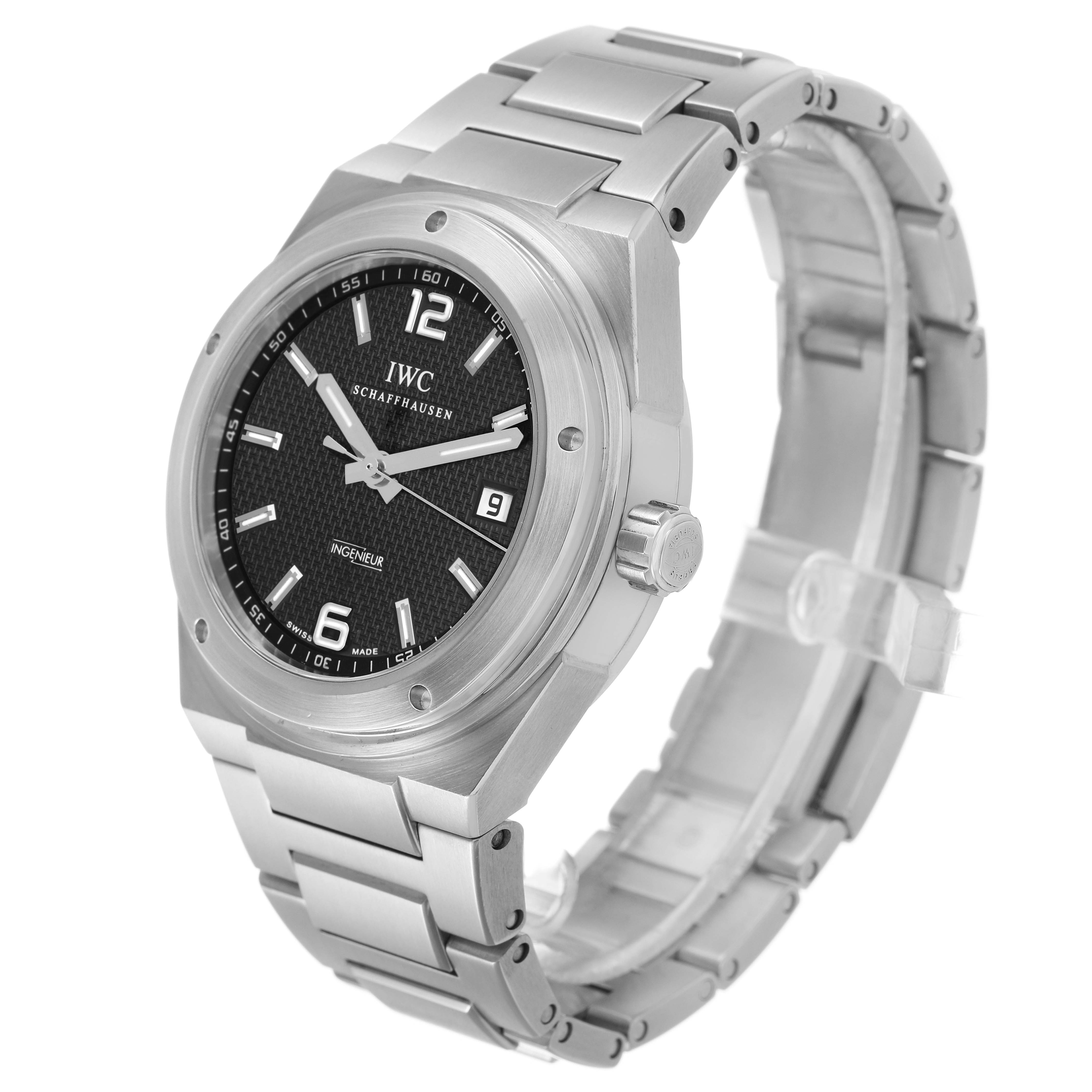 The IWC Ingenieur IW322701 Men's Stainless Steel Black Dial watch is shown at a three-quarter angle, displaying the dial, bracelet, and crown.