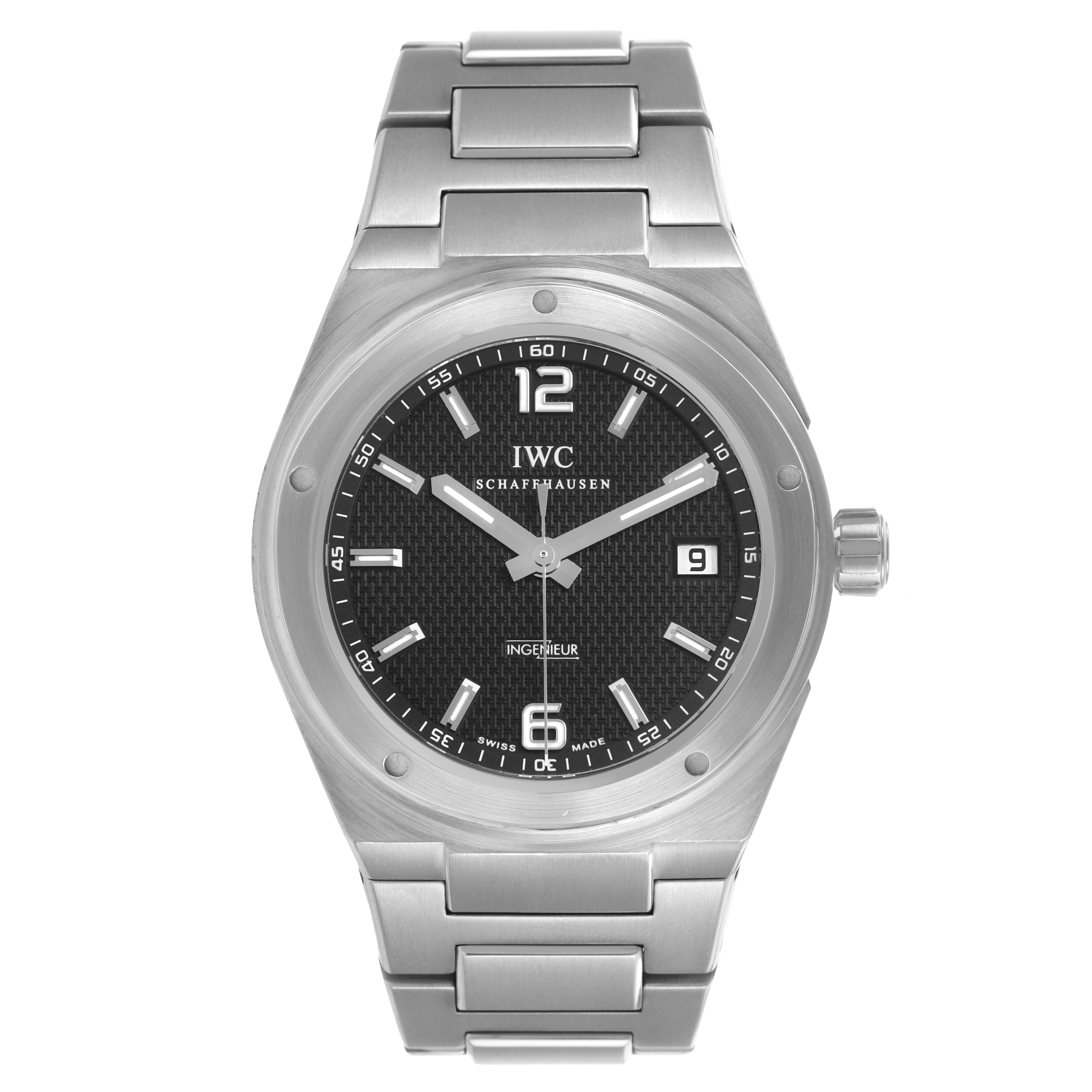 The IWC Ingenieur IW322701 Men's Stainless Steel Black Dial watch is shown from a front angle, displaying the face, bezel, crown, and stainless steel bracelet.