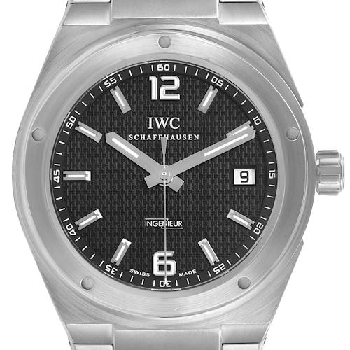 The IWC Ingenieur IW322701 Men's Stainless Steel Black Dial watch is shown from a front angle, displaying its dial, hands, and crown.