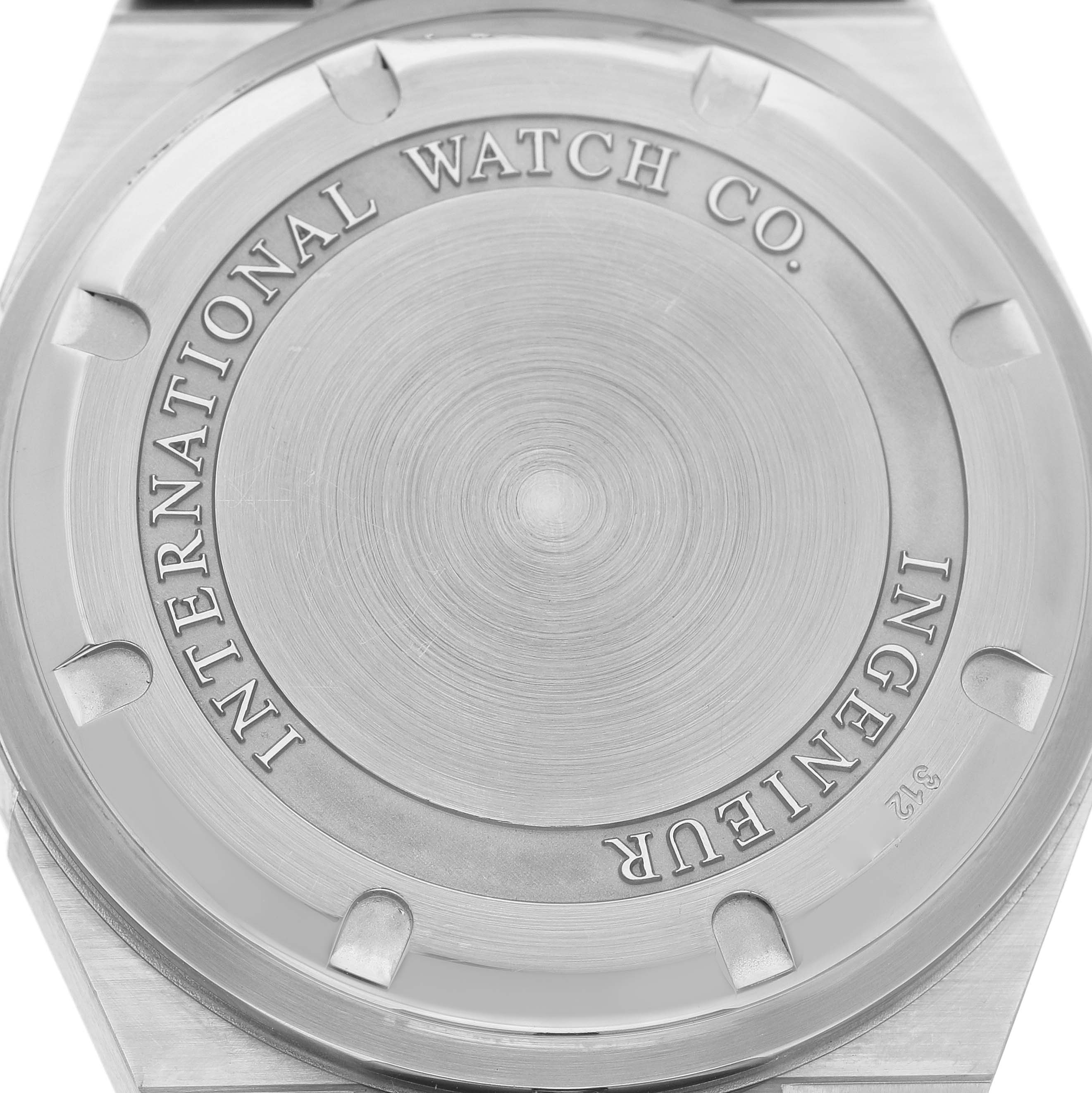 The image shows the back case of the IWC Ingenieur IW322701 Men's Stainless Steel Black Dial watch, displaying the brand name and model engraving.