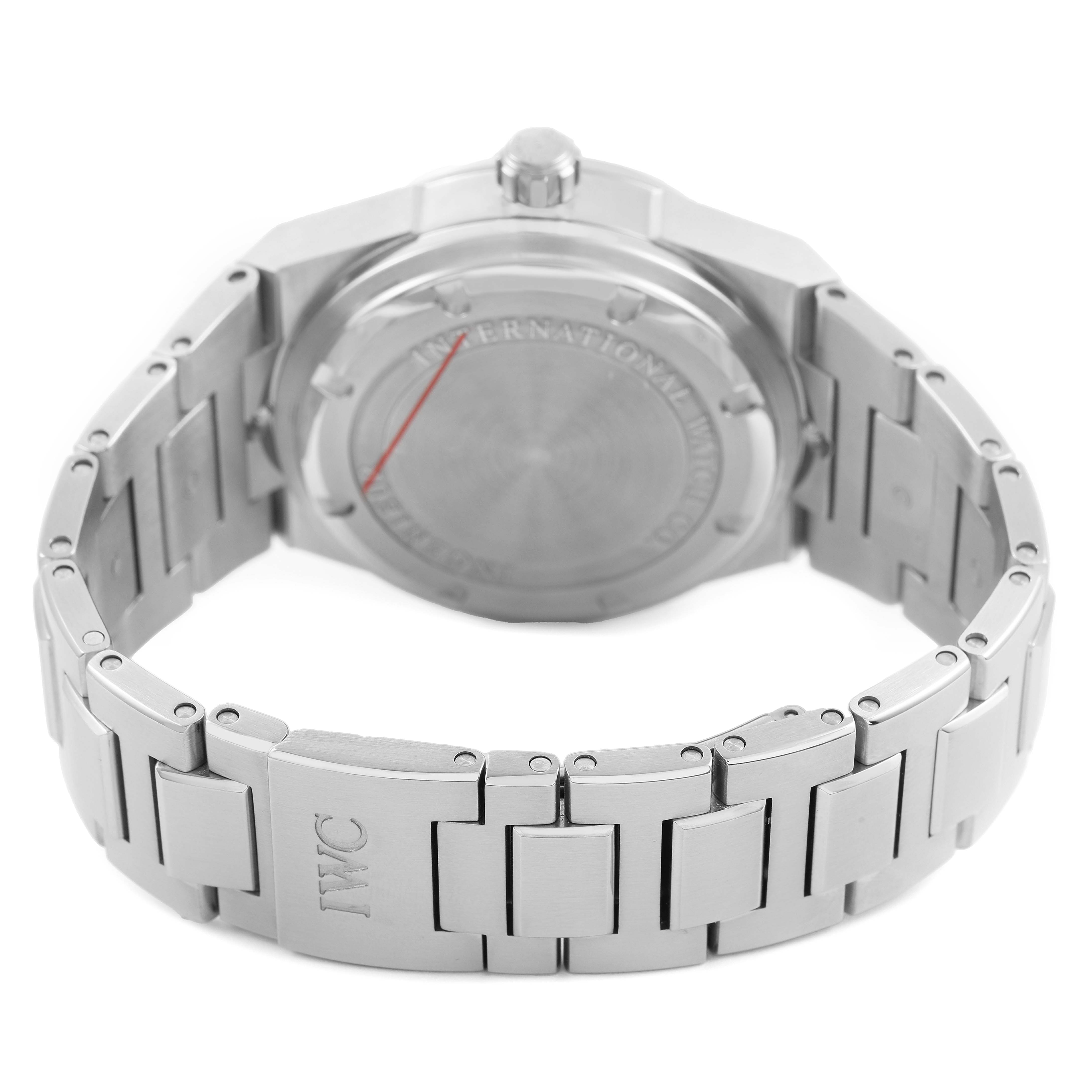 The image shows the back and bracelet of the IWC Ingenieur IW322701 Men's Stainless Steel Black Dial watch, highlighting the clasp and case back details.