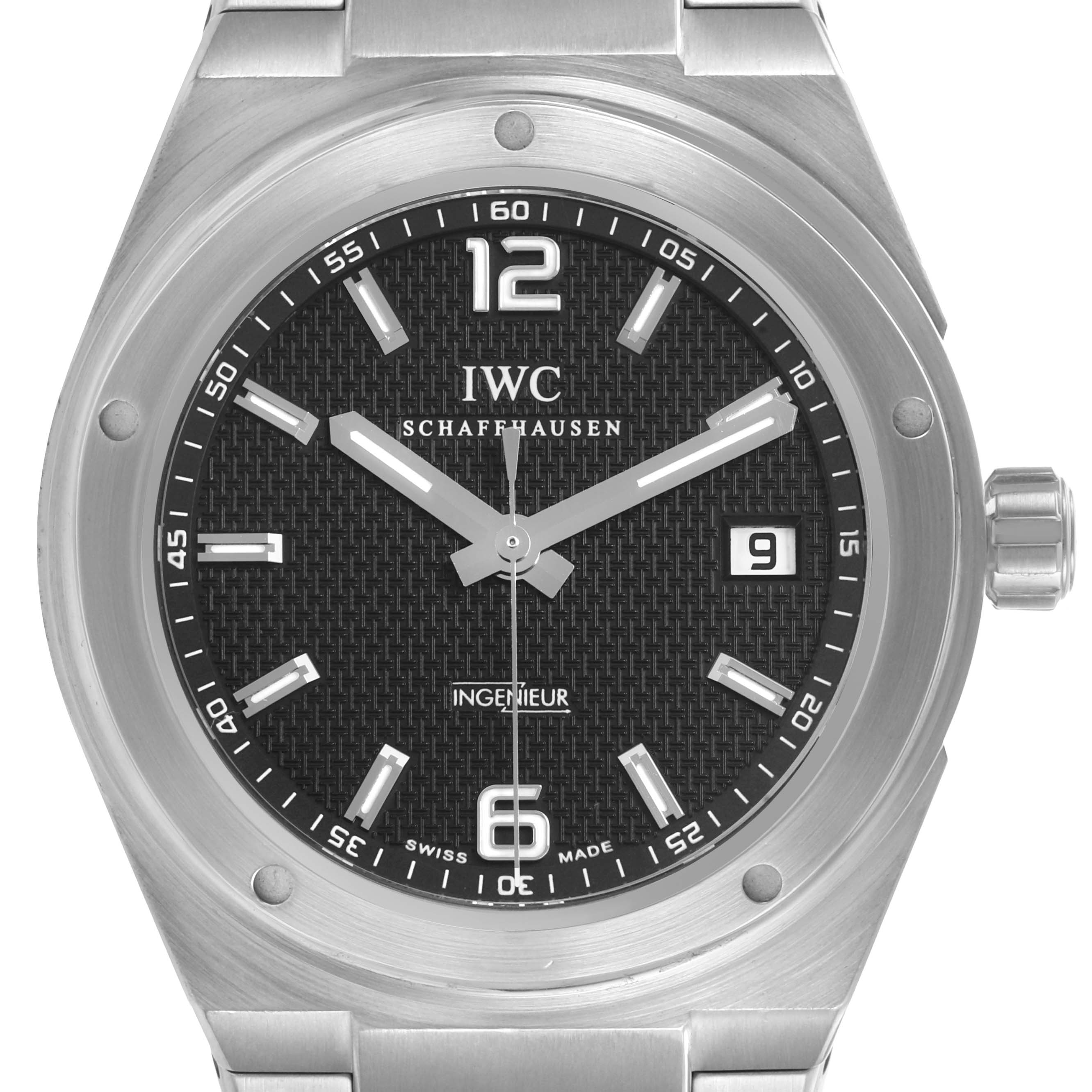 The IWC Ingenieur IW322701 Men's Stainless Steel Black Dial watch is shown from the front, featuring its dial, bezel, and crown.