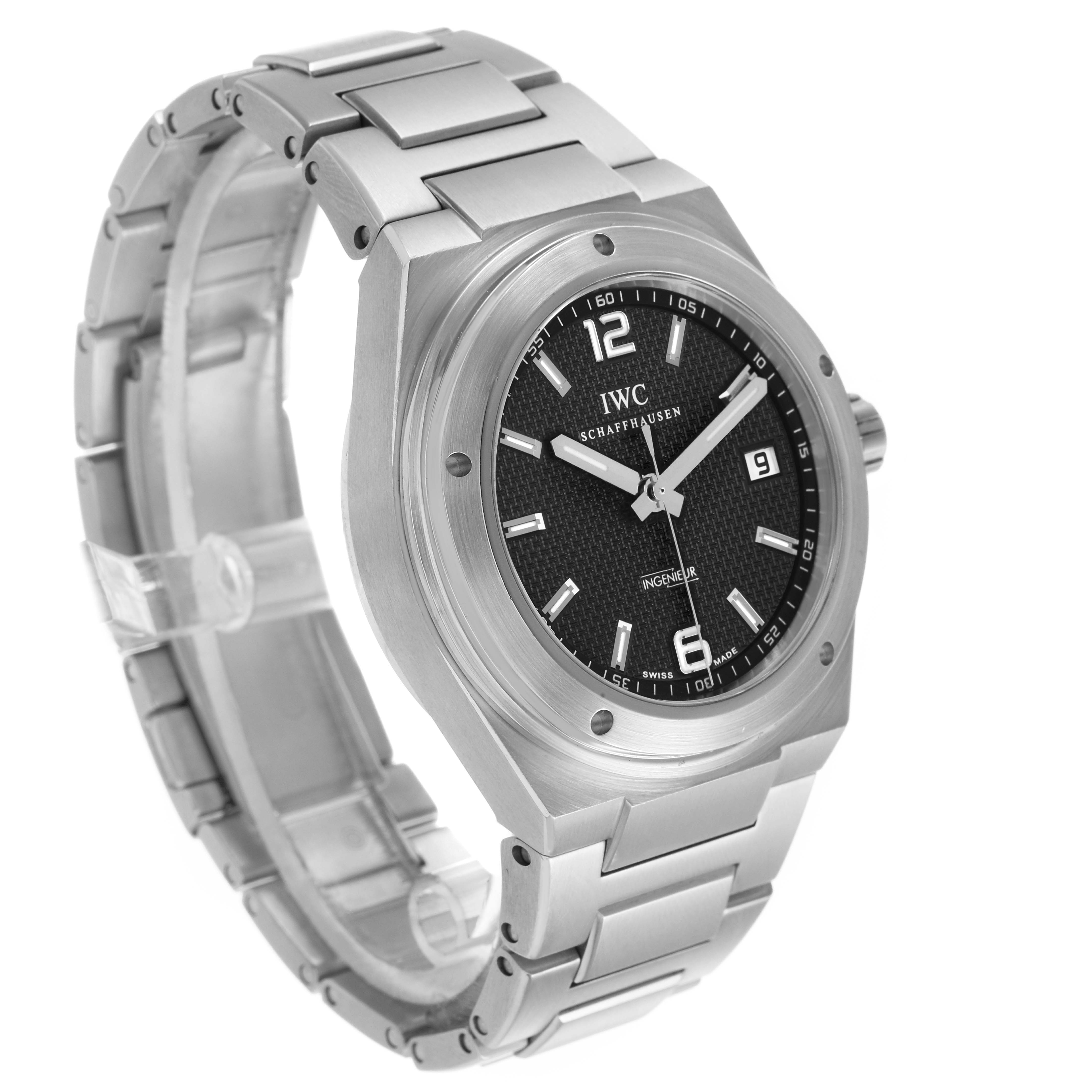 The IWC Ingenieur IW322701 Men's Stainless Steel Black Dial watch is shown from a front-side angle, displaying the face, bezel, and metal bracelet.