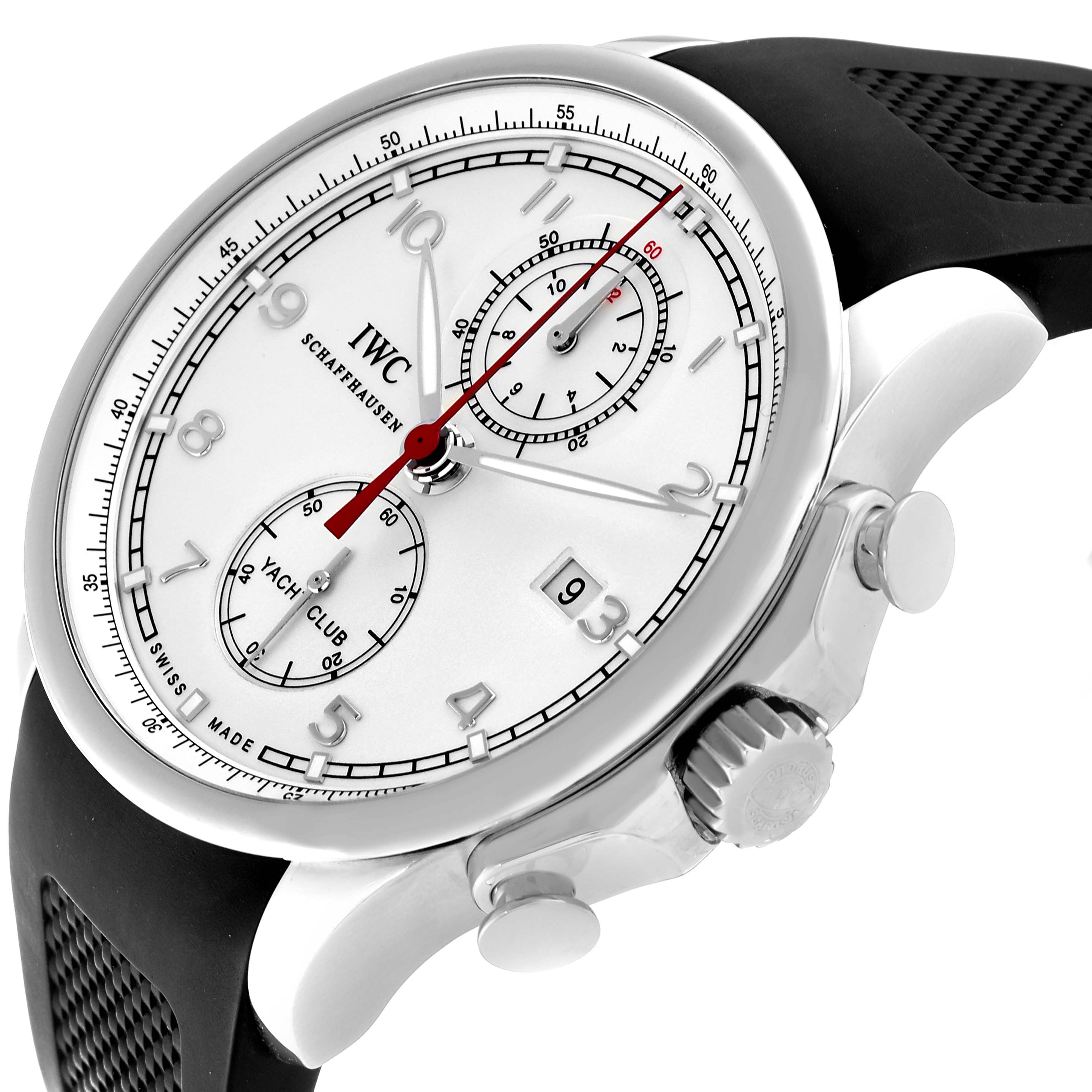 This image shows a partial side angle of the IWC Portuguese IW390211 Men's Stainless Steel Silver Dial IW390211 Men's Stainless Steel Silver Dial model watch, displaying the crown, pushers, and part of the dial.