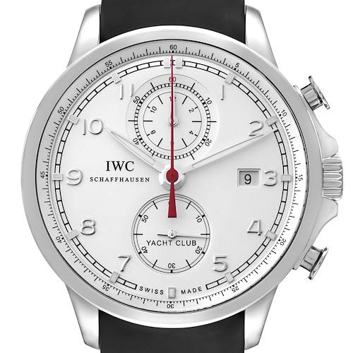 This image shows a front view of an IWC Portuguese Yacht Club watch, featuring the face, crown, and strap.