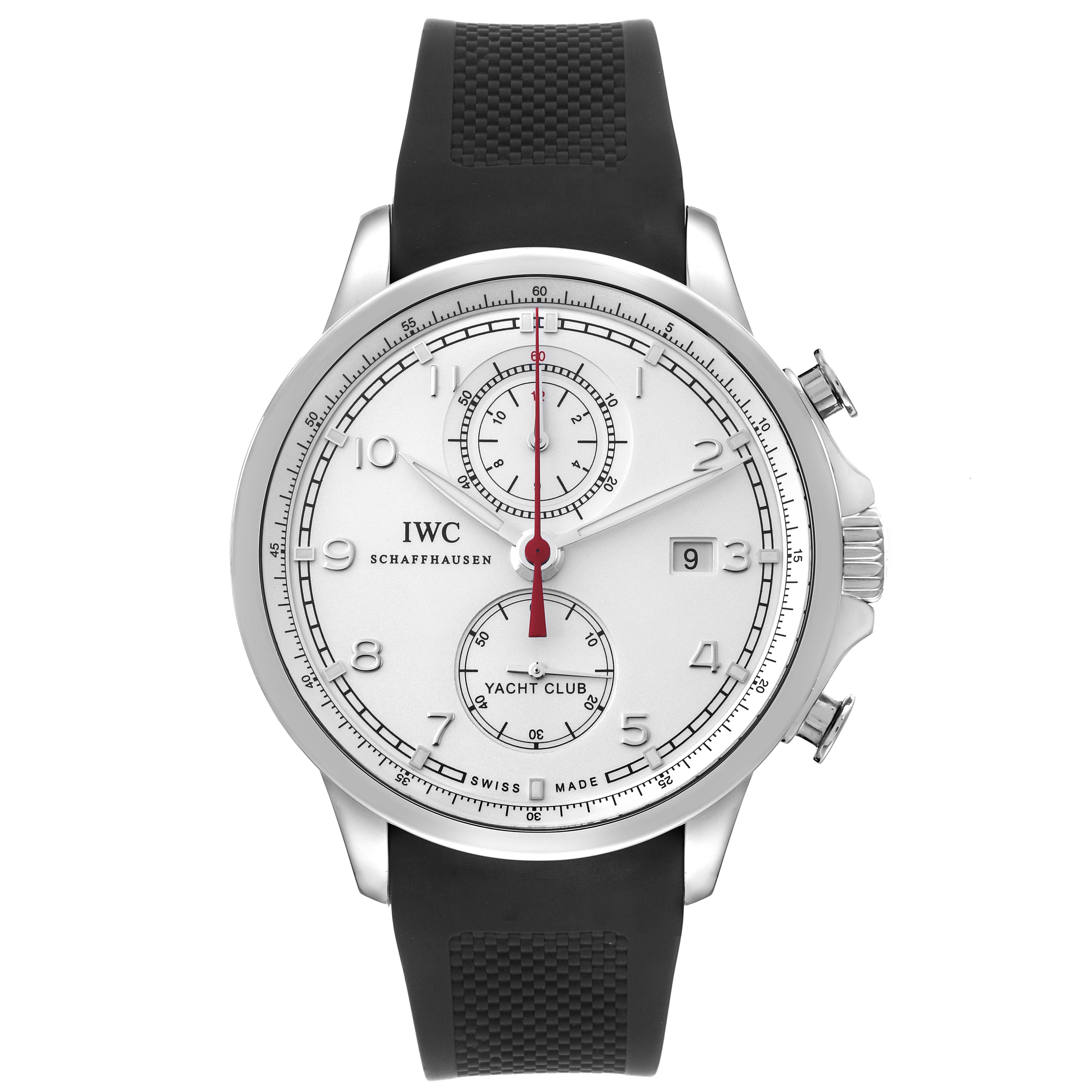 This image shows a front view of an IWC Portuguese IW390211 Men's Stainless Steel Silver Dial IW390211 Men's Stainless Steel Silver Dial Yacht Club watch with a black strap, silver dial, and stopwatch function.