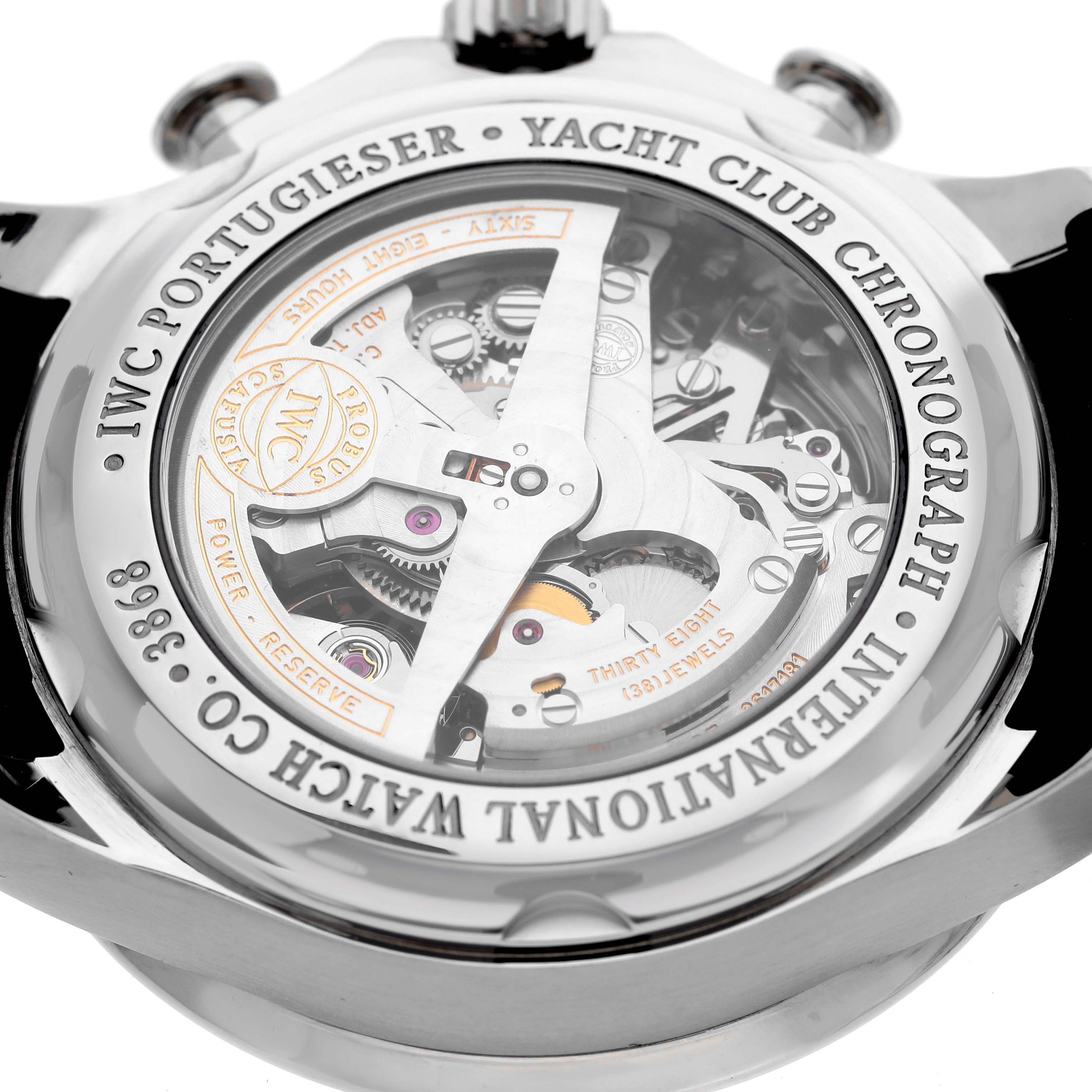The image shows the back view of an IWC Portuguese IW390211 Men's Stainless Steel Silver Dial IW390211 Men's Stainless Steel Silver Dial Yacht Club Chronograph, highlighting its intricate movement.