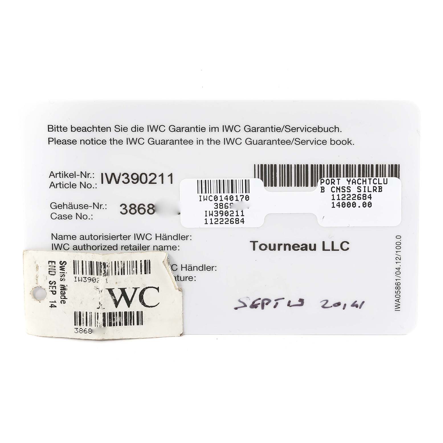 The image shows IWC Portuguese IW390211 Men's Stainless Steel Silver Dial IW390211 Men's Stainless Steel Silver Dial model warranty and service cards from a top-angled view.