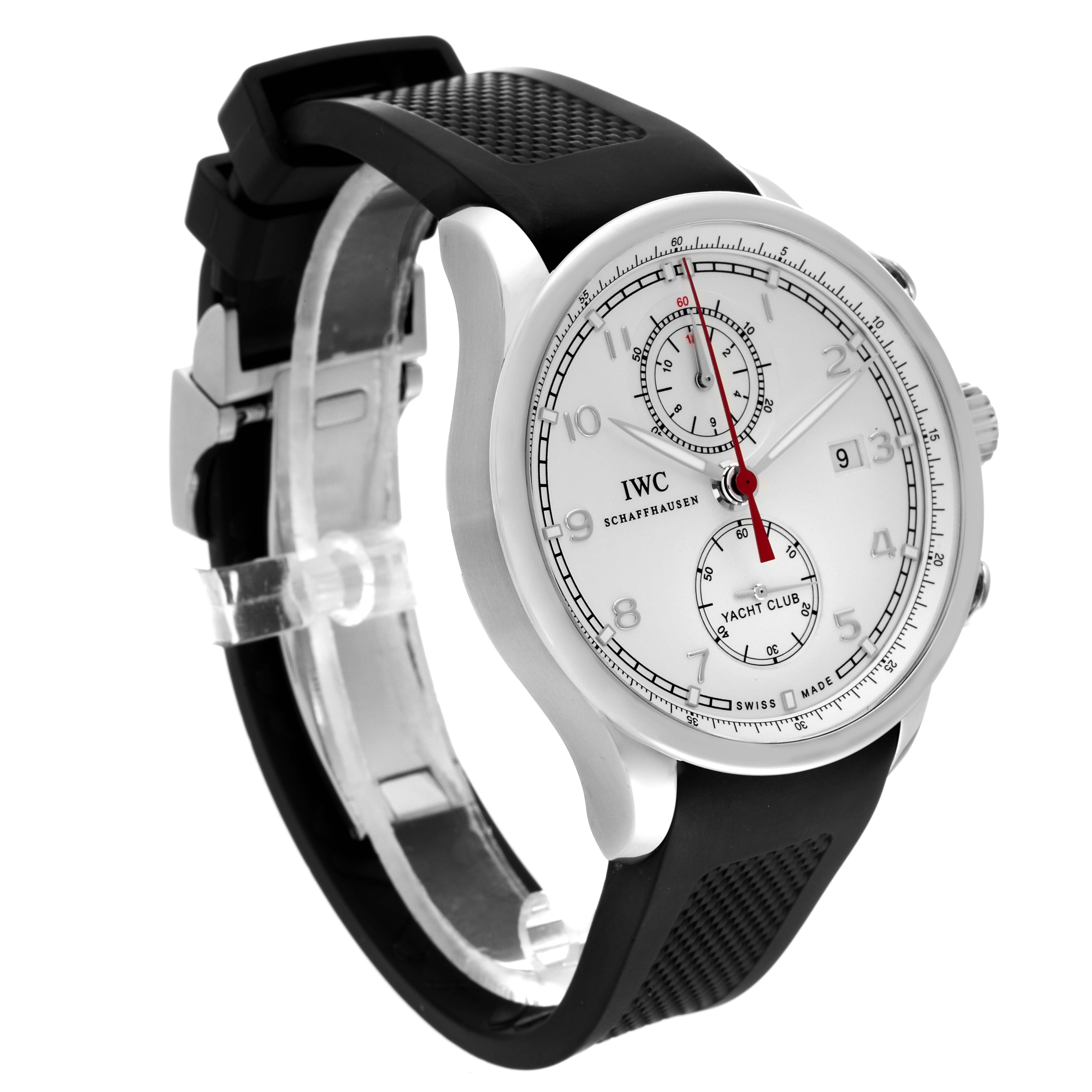 The image shows a front angled view of the dial, case, and part of the strap of the IWC Portuguese IW390211 Men's Stainless Steel Silver Dial IW390211 Men's Stainless Steel Silver Dial Yacht Club watch.