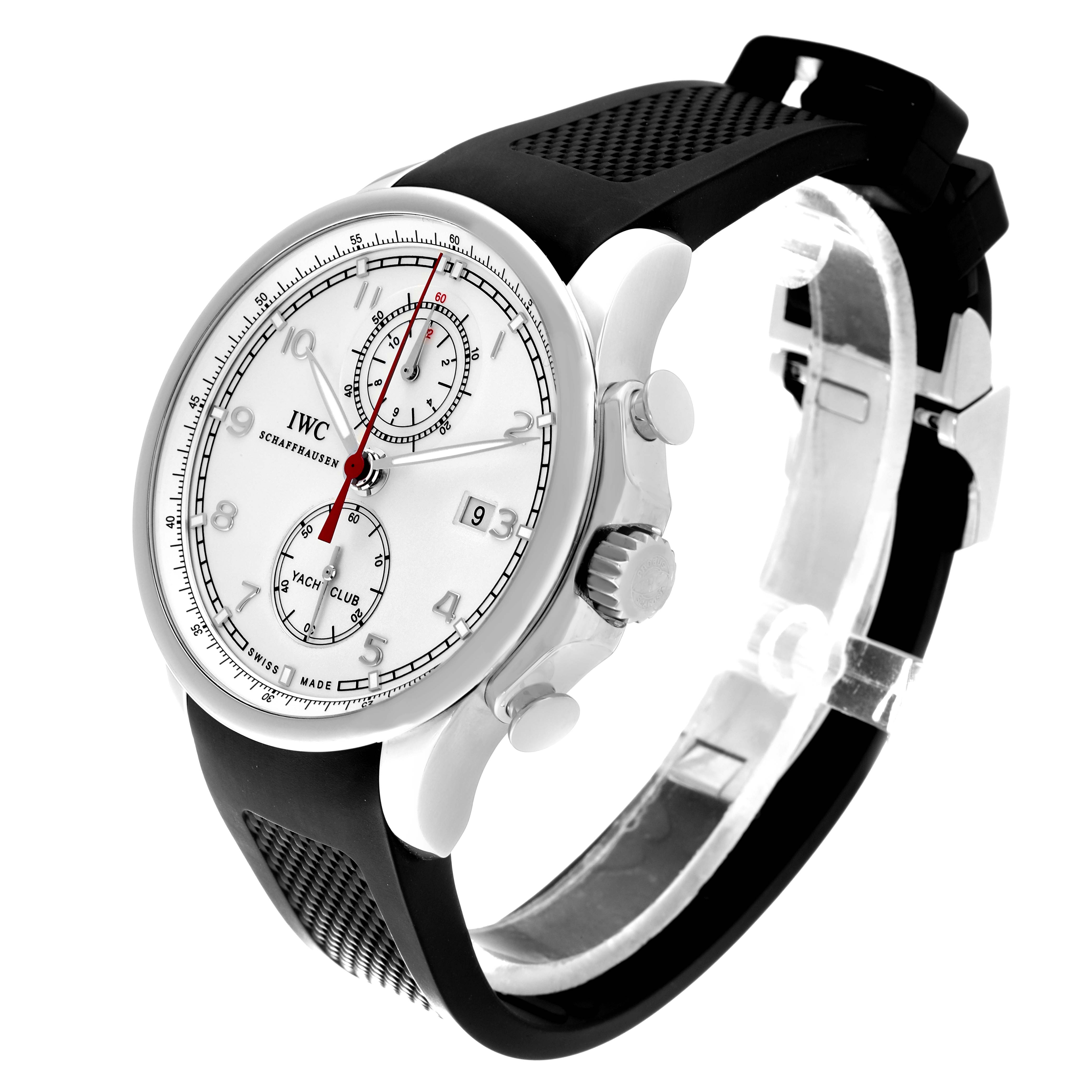 This image showcases an IWC Portuguese IW390211 Men's Stainless Steel Silver Dial IW390211 Men's Stainless Steel Silver Dial model watch from an angled side view, highlighting the face, crown, pushers, and strap.