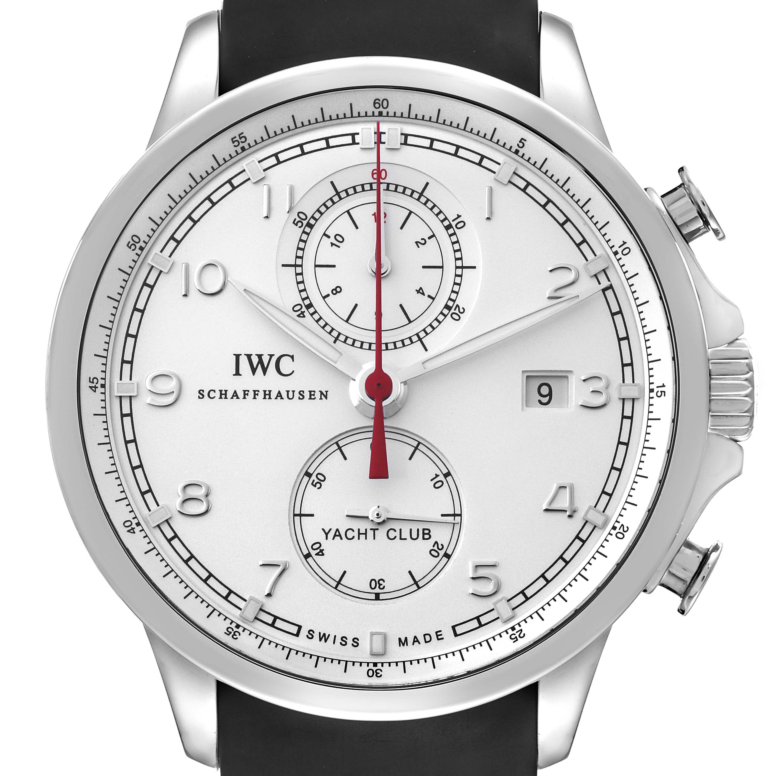 This image shows a front view of the IWC Portuguese IW390211 Men's Stainless Steel Silver Dial IW390211 Men's Stainless Steel Silver Dial Yacht Club watch, featuring the dial, hands, date window, and chronograph counters.