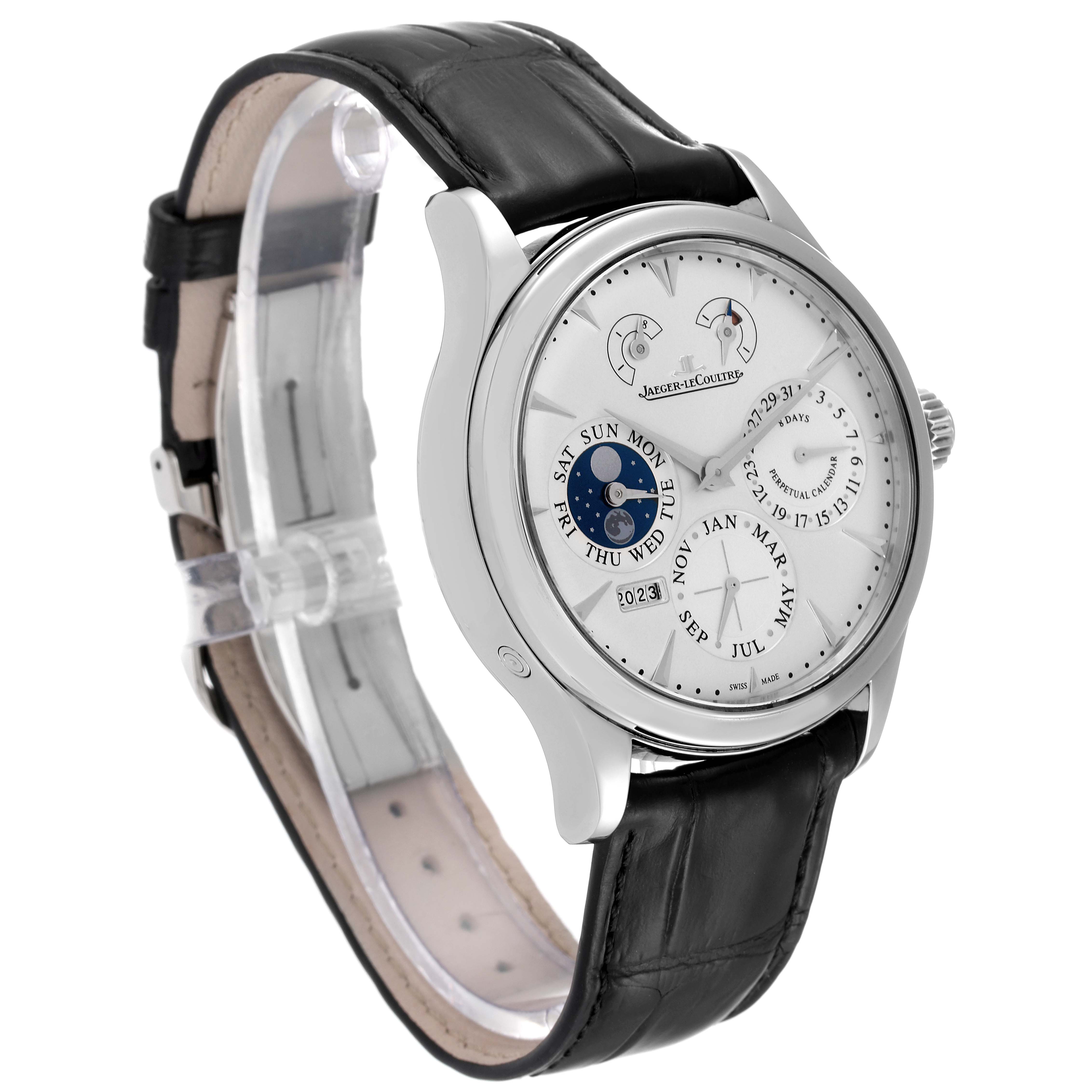 The image shows the Jaeger-LeCoultre Master model watch from a 3/4 angle, highlighting its face and leather strap.