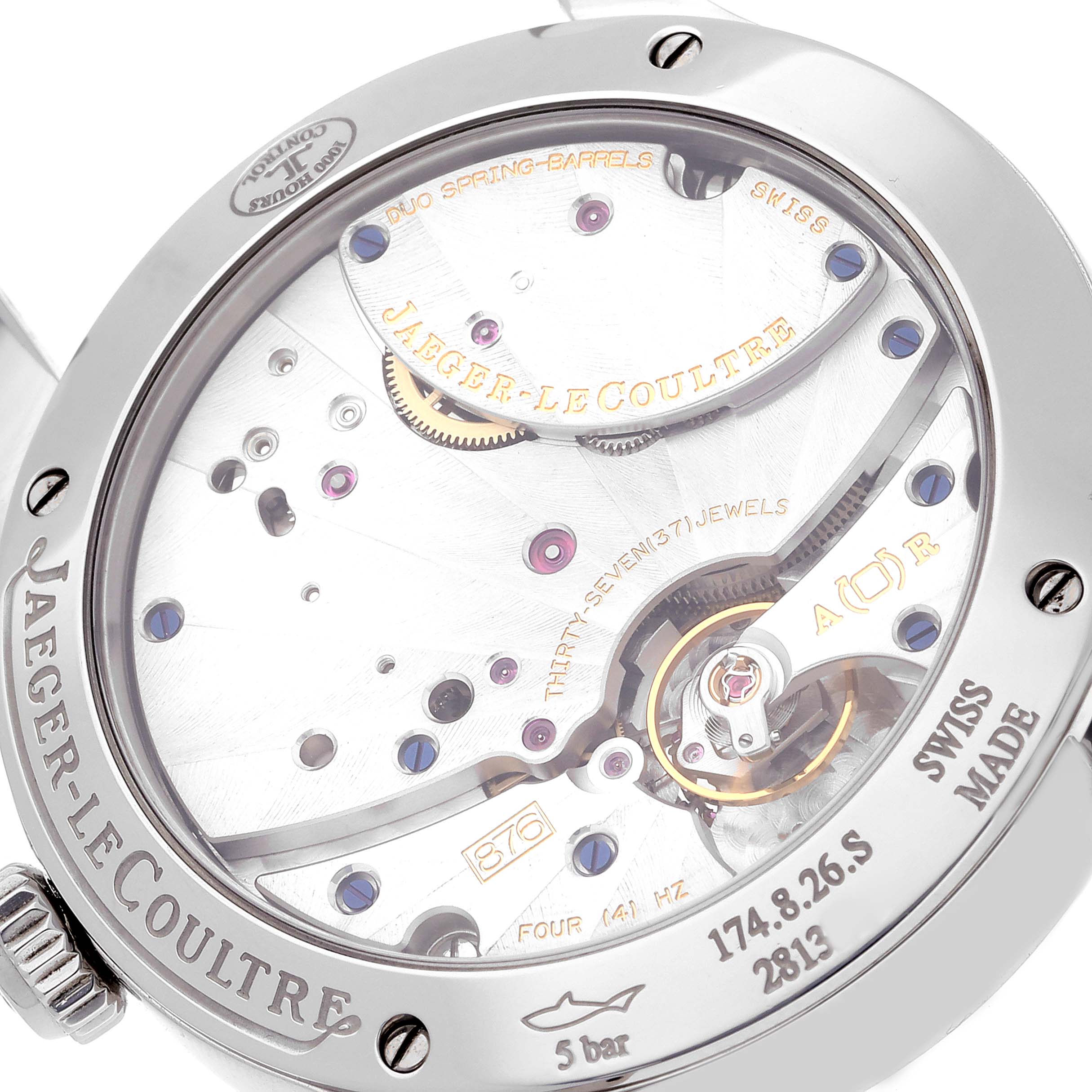 This image shows the back view of the Jaeger LeCoultre Master Q1618420 Men's Stainless Steel Silver Dial Q1618420 Men's Stainless Steel Silver Dial model showcasing its intricate inner mechanics.