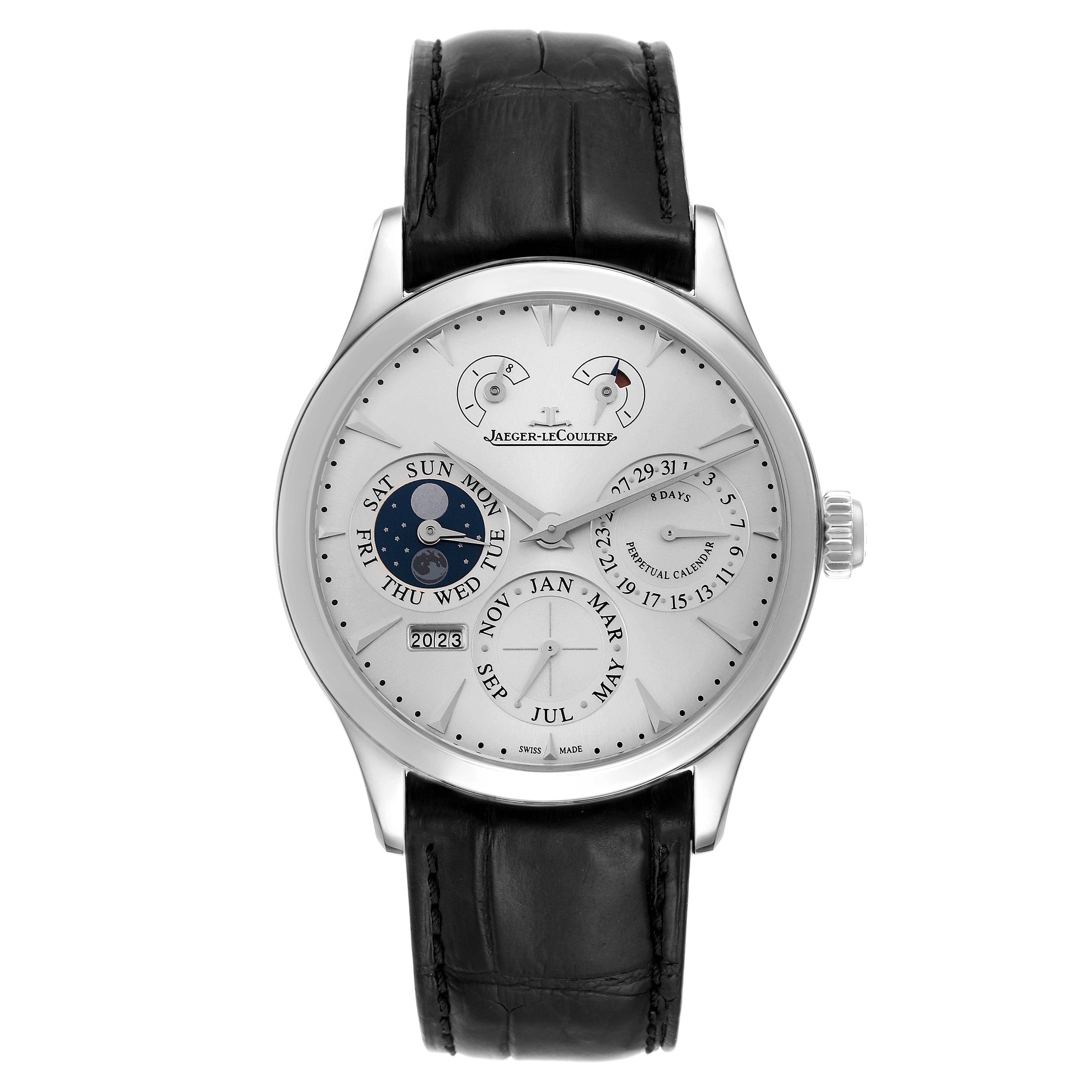 The Jaeger-LeCoultre Master watch is shown from a frontal view, displaying its dial, hands, subdials, and black leather strap.
