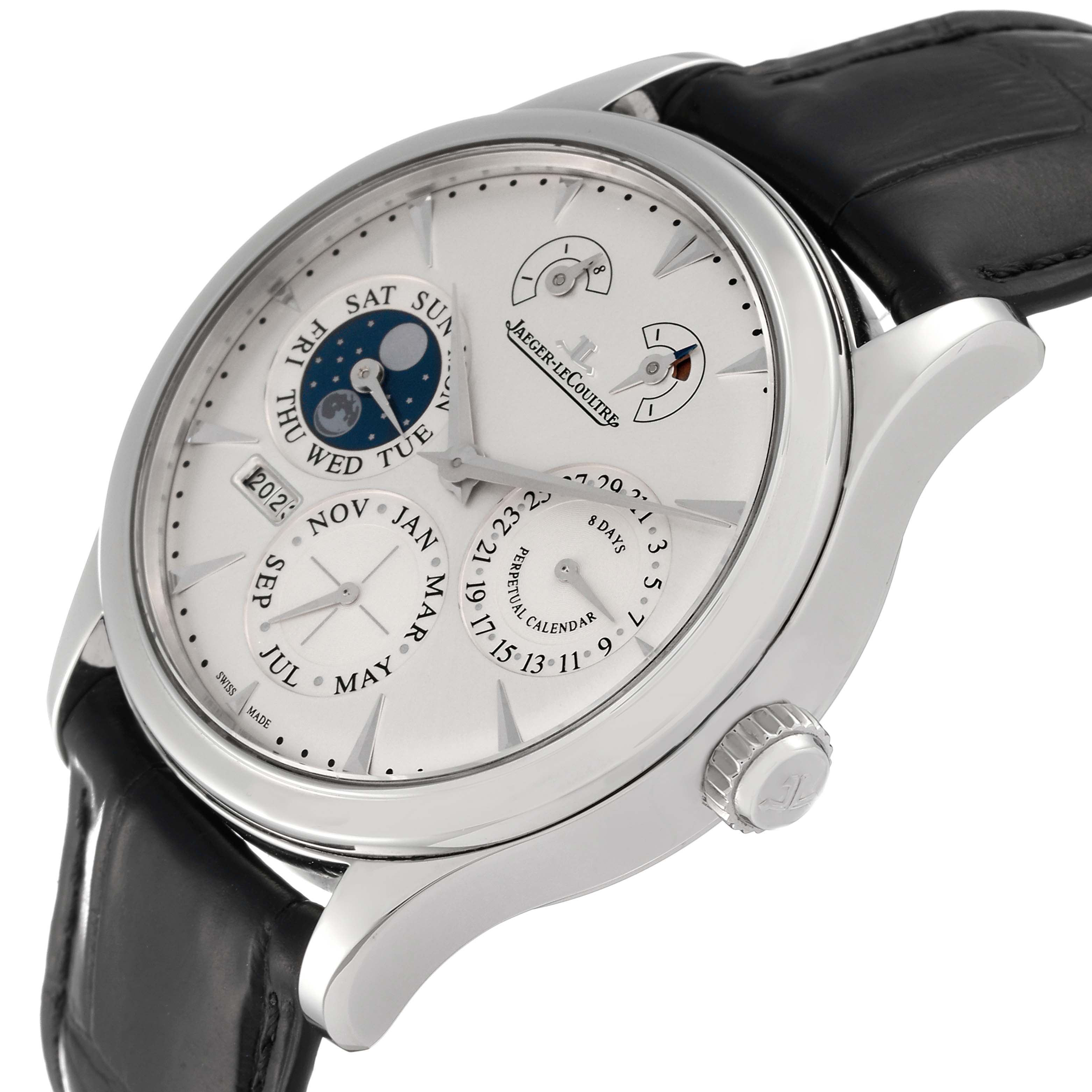 This Jaeger LeCoultre Master Q1618420 Men's Stainless Steel Silver Dial Q1618420 Men's Stainless Steel Silver Dial model watch is shown from a three-quarter angle, highlighting its dial and part of the strap.