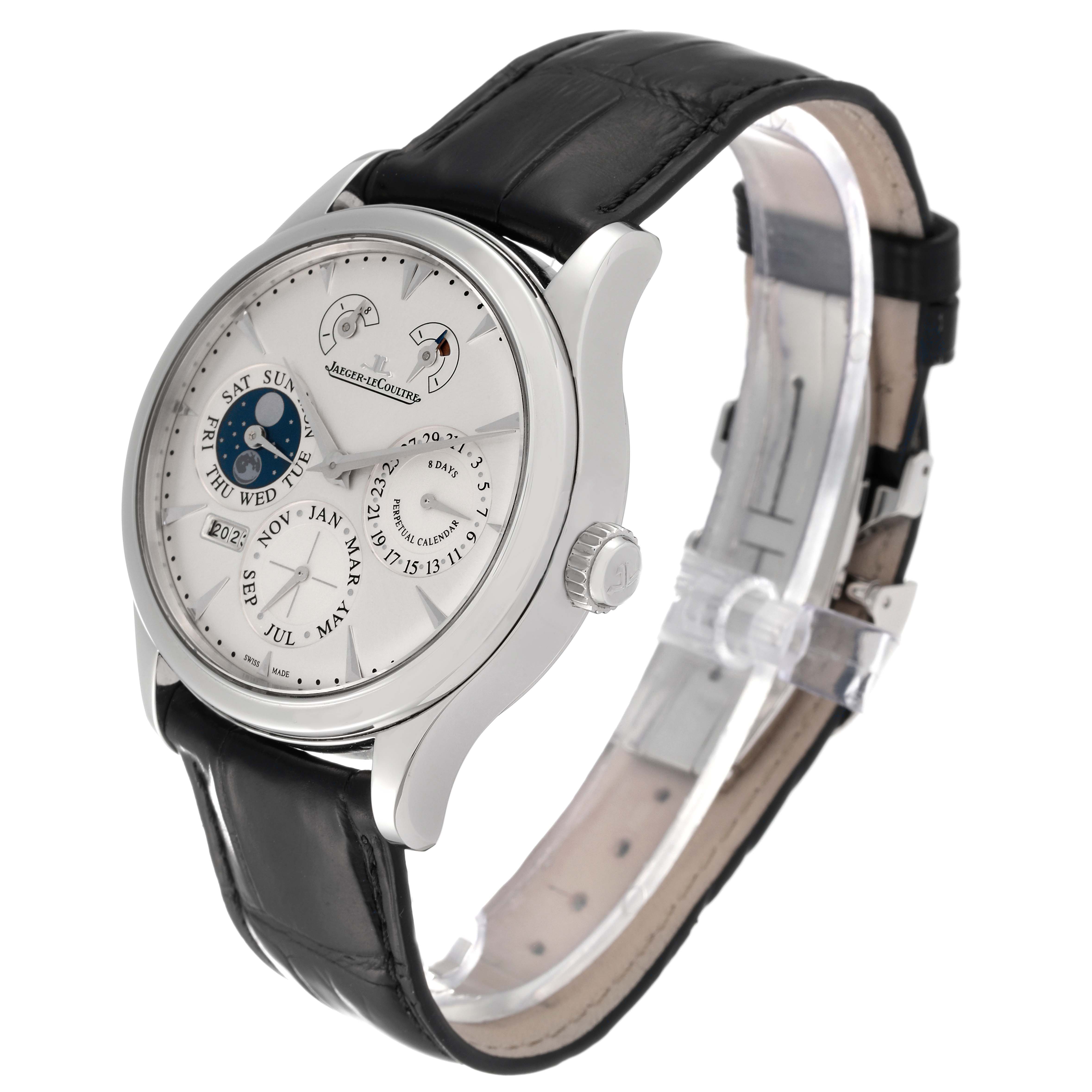 The Jaeger-LeCoultre Master model watch is shown at a slight angle, detailing the dial, crown, and black leather strap.