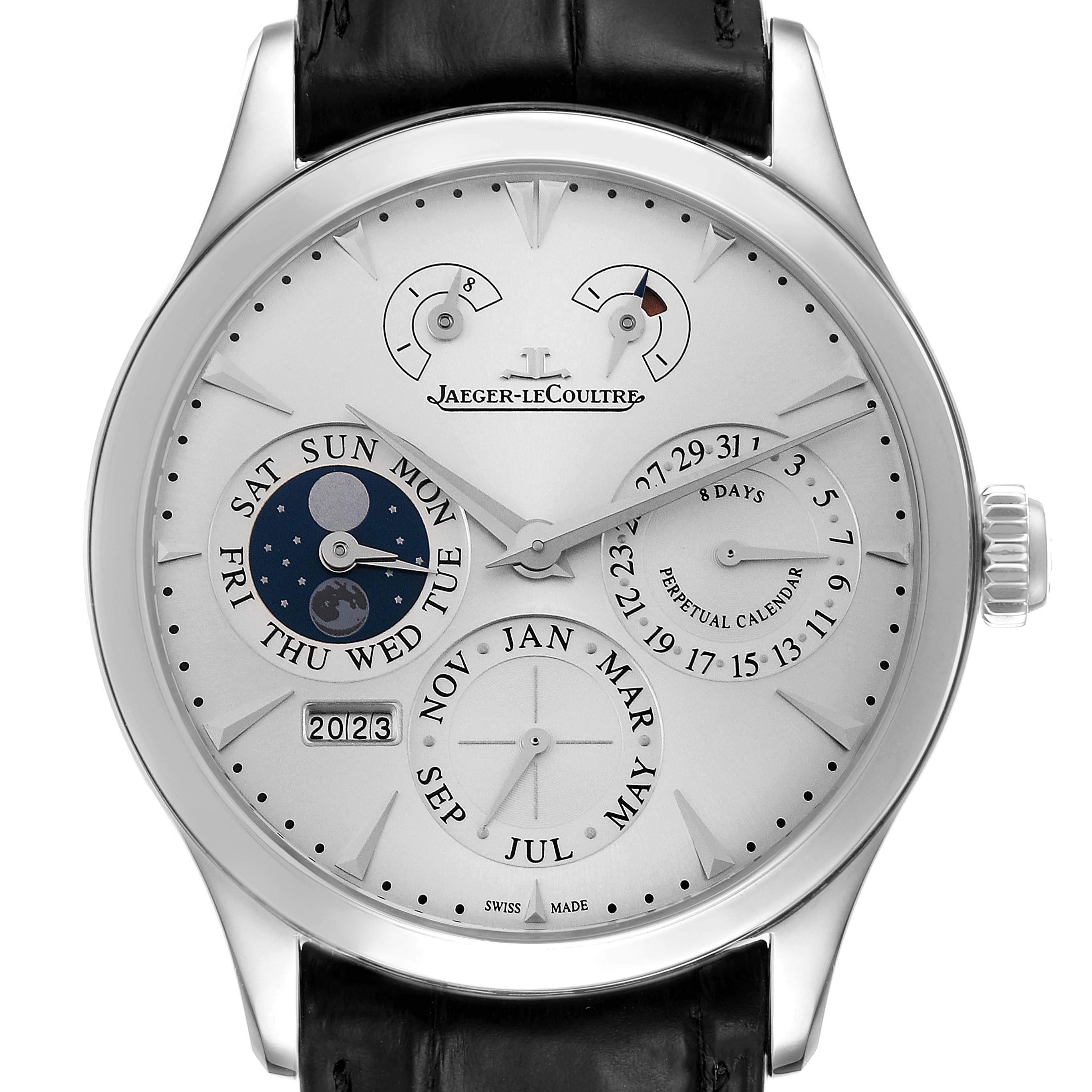 The image shows a front view of a Jaeger LeCoultre Master Q1618420 Men's Stainless Steel Silver Dial Q1618420 Men's Stainless Steel Silver Dial model watch, detailing its perpetual calendar functions.