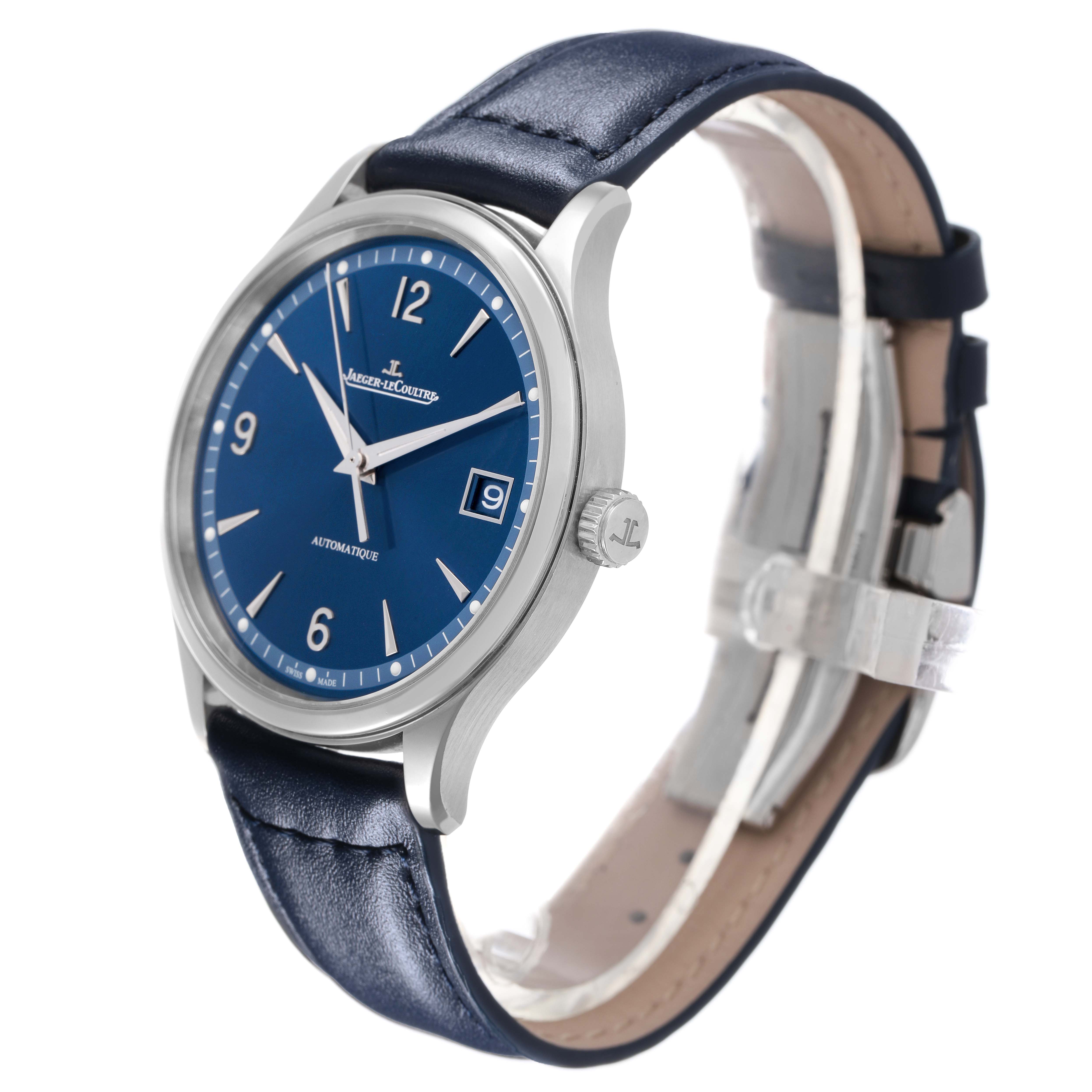 The Jaeger LeCoultre Master Q4018480 Men's Stainless Steel Blue Dial watch is shown at a slight angle highlighting the blue dial, silver case, and leather strap.