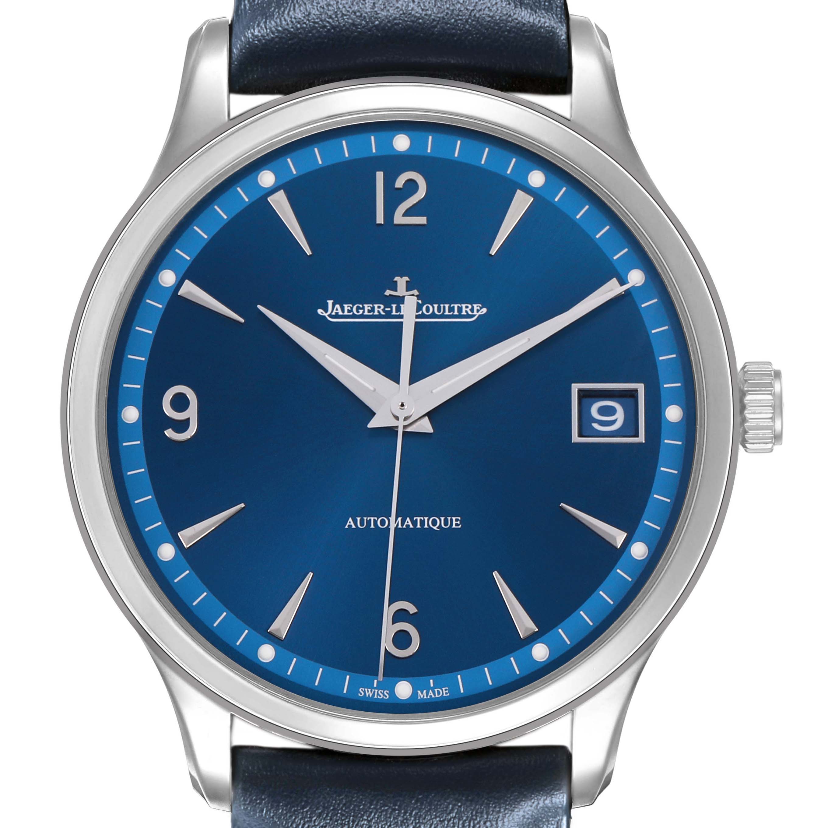 The Jaeger LeCoultre Master Q4018480 Men's Stainless Steel Blue Dial watch is shown from the front, displaying the blue dial, hour markers, hands, and date window.