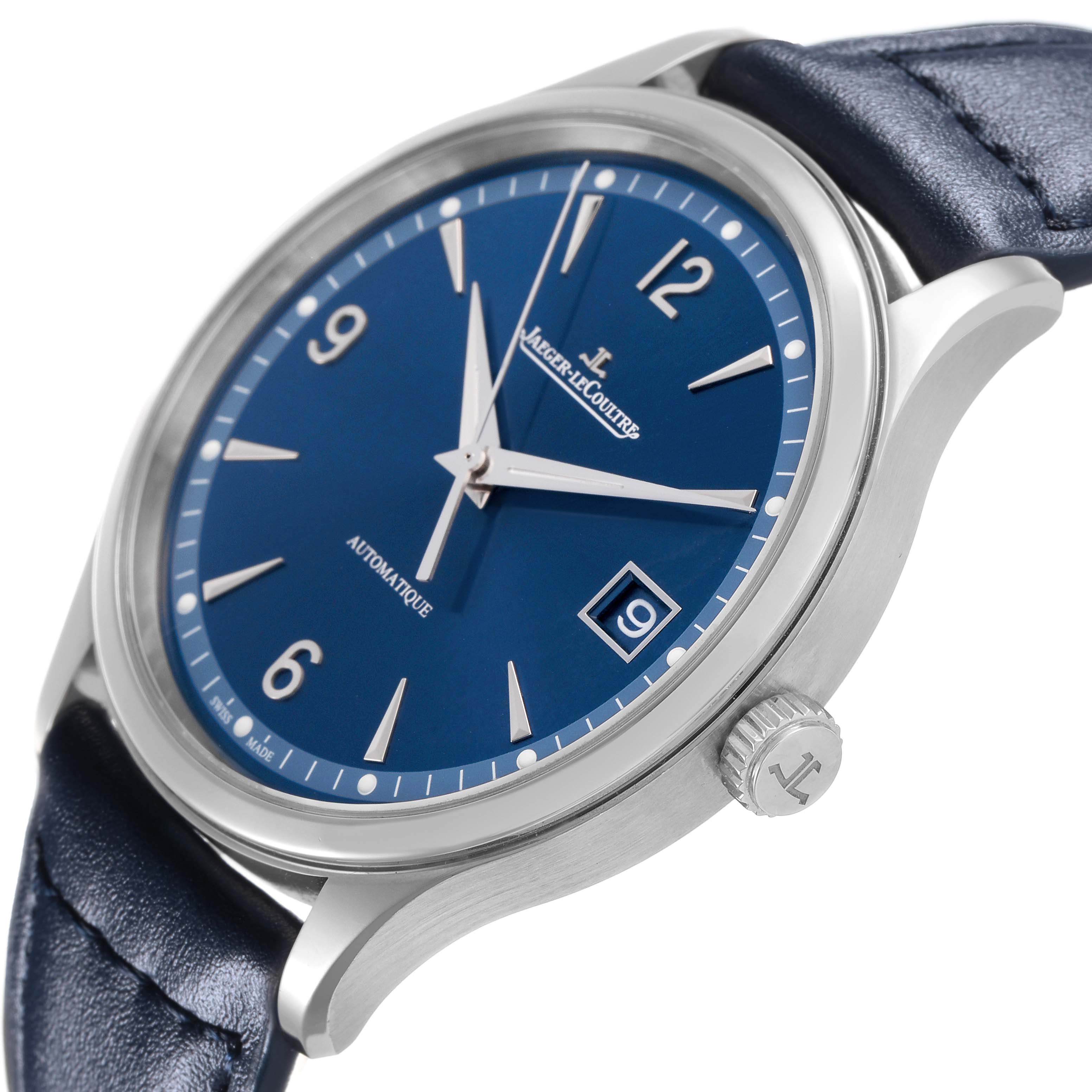 The Jaeger LeCoultre Master Q4018480 Men's Stainless Steel Blue Dial watch is shown from a slightly tilted side angle, highlighting the dial, case, crown, and strap.
