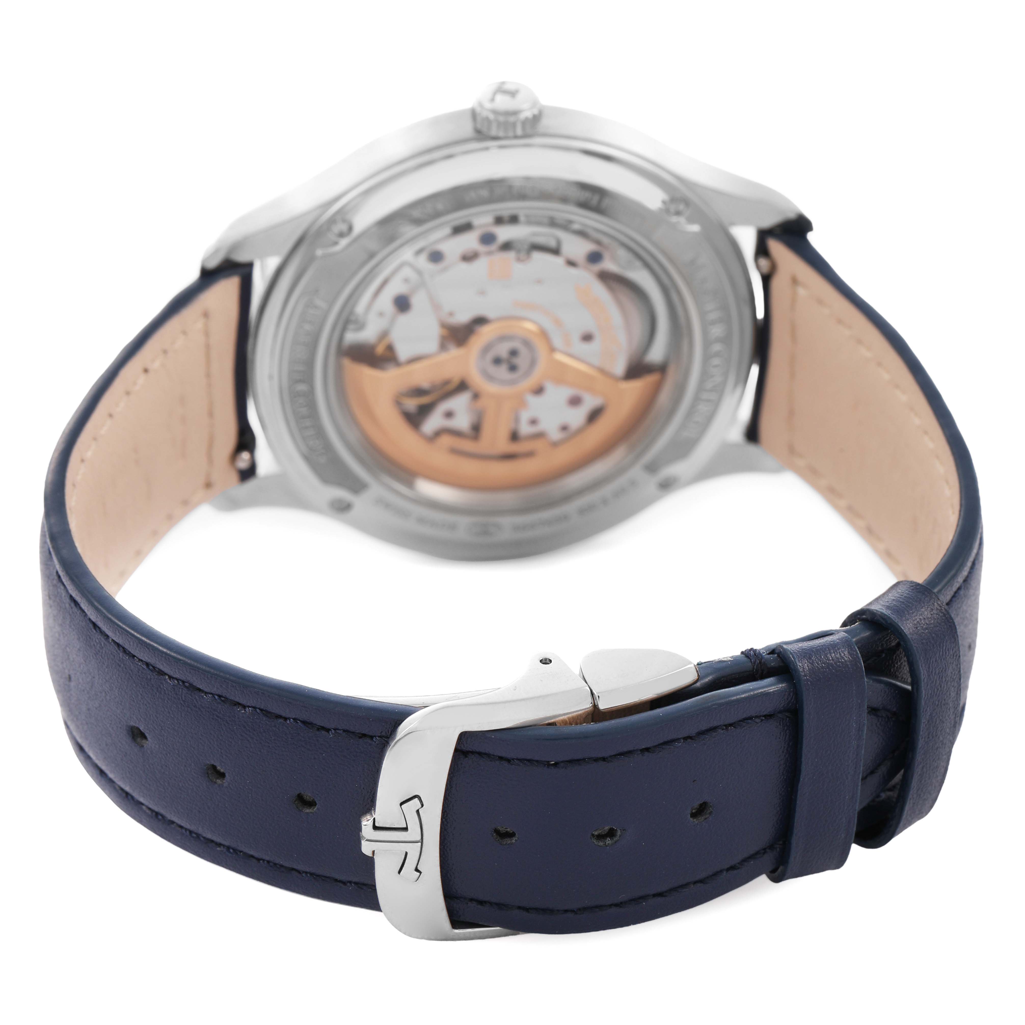 The image shows the back view of the Jaeger LeCoultre Master Q4018480 Men's Stainless Steel Blue Dial watch, highlighting its transparent case back and blue leather strap.