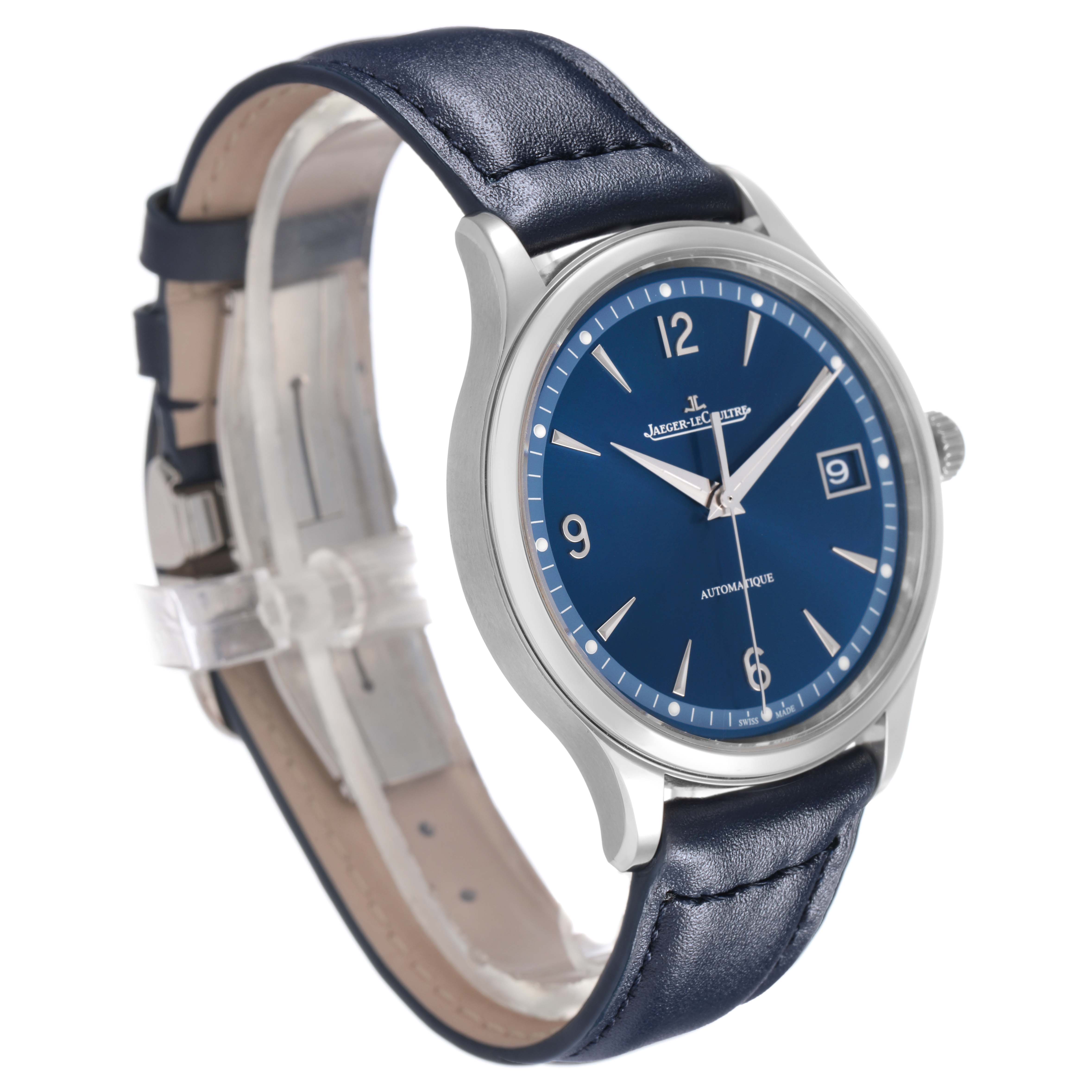 The Jaeger-LeCoultre Master watch is shown at an angled side view, highlighting the blue dial, case, and leather strap.