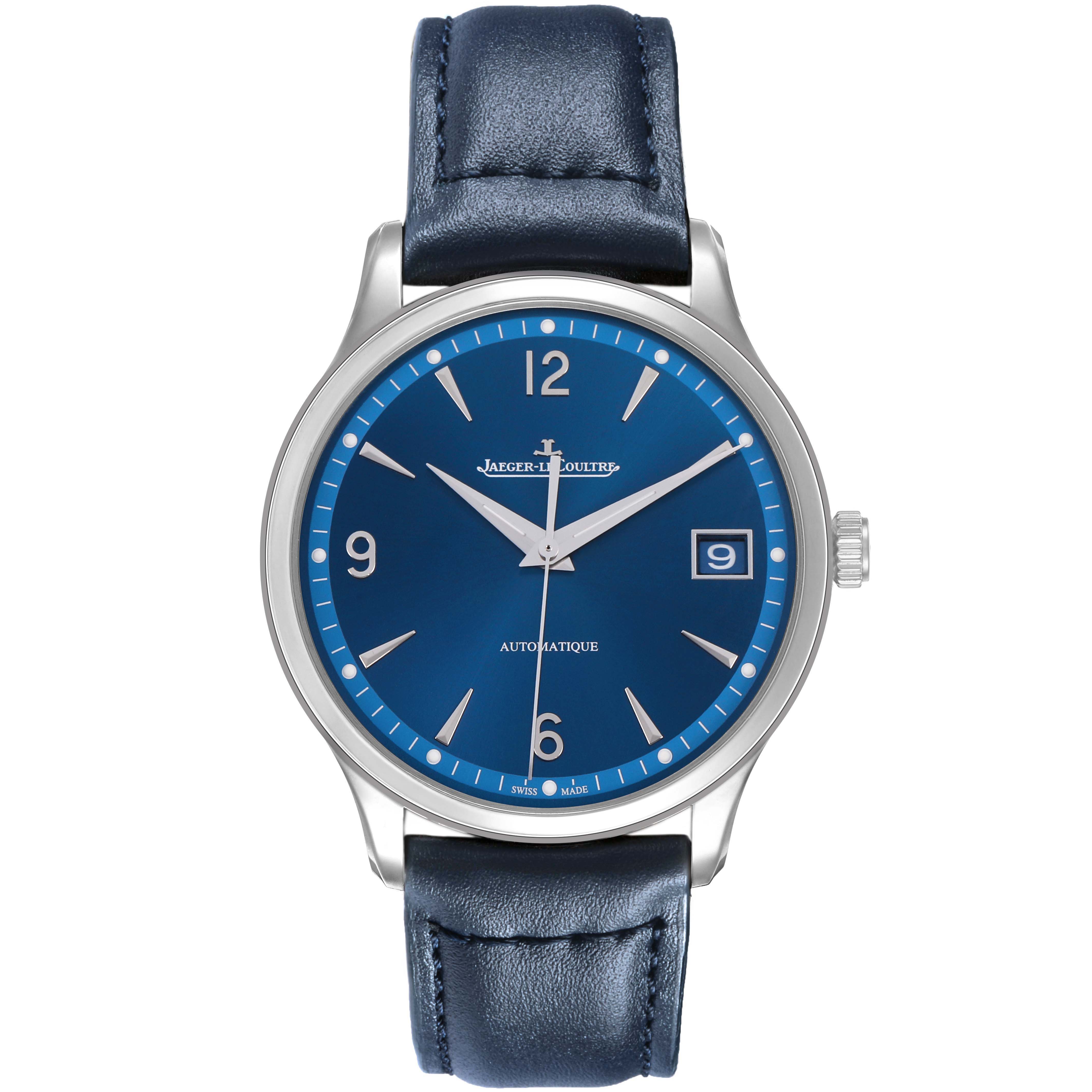 The Jaeger LeCoultre Master Q4018480 Men's Stainless Steel Blue Dial watch is shown from a direct frontal angle, displaying the blue dial, silver case, and leather strap.