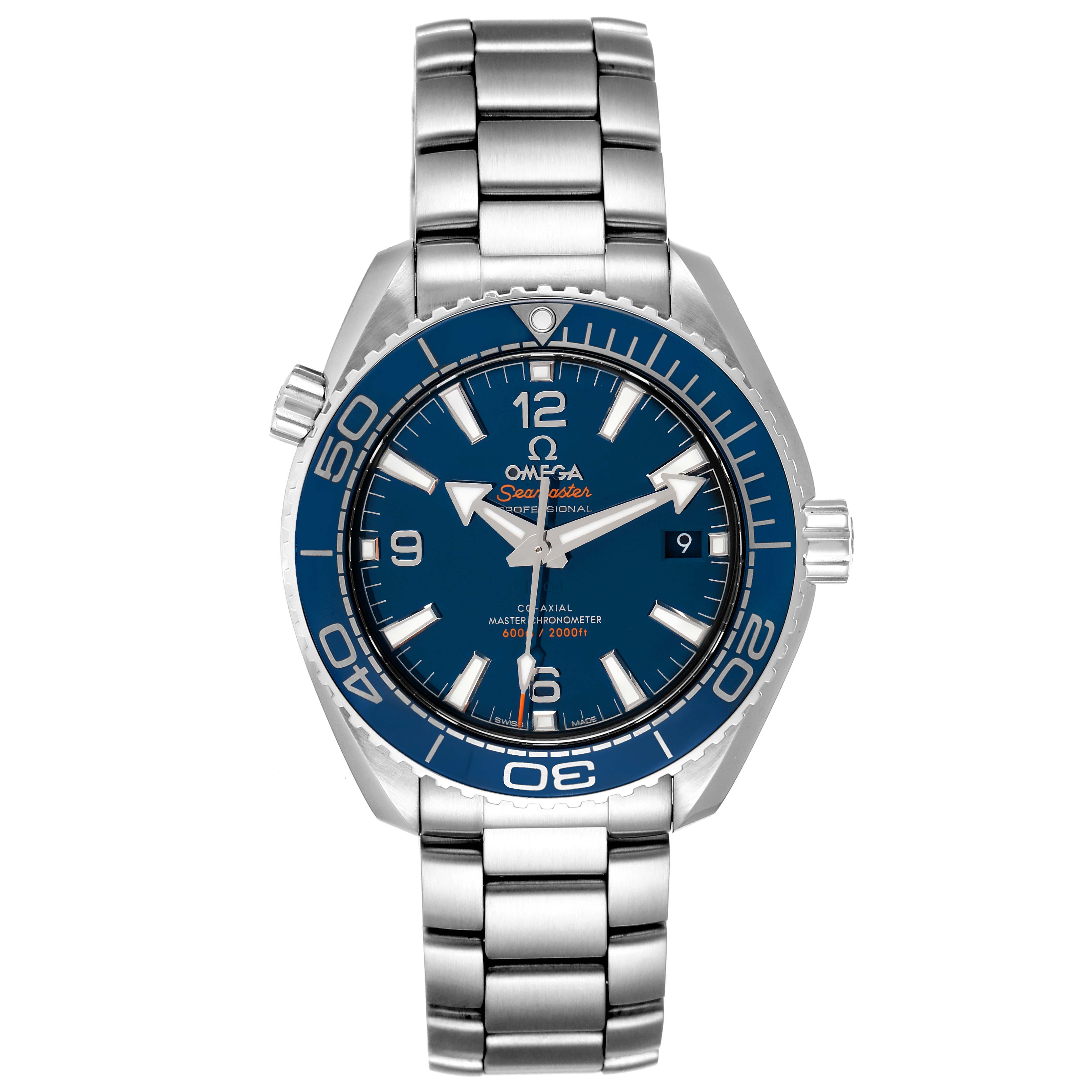 The image shows an Omega Planet Ocean 215.30.40.20.03.001 Men
s Stainless Steel Blue Dial 215.30.40.20.03.001 Men
s Stainless Steel Blue Dial model watch from a front angle, highlighting the dial, bezel, crown, and bracelet.