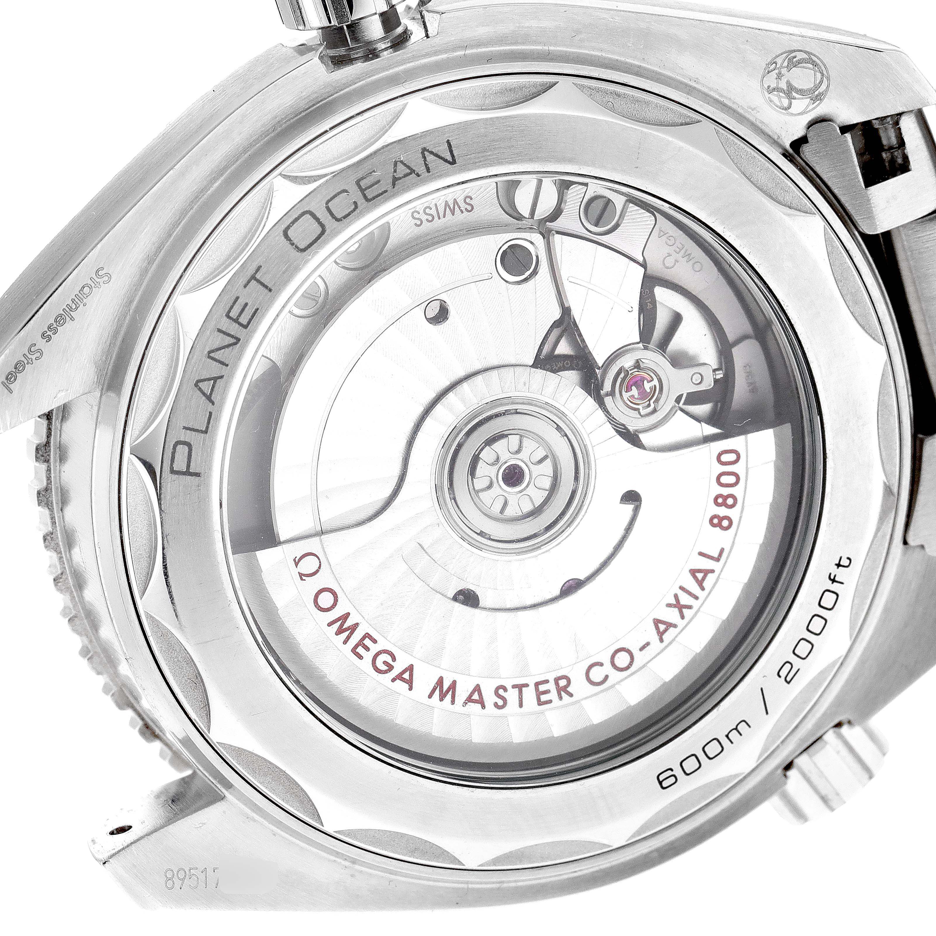 The image shows the back of the Omega Planet Ocean 215.30.40.20.03.001 Men
s Stainless Steel Blue Dial 215.30.40.20.03.001 Men
s Stainless Steel Blue Dial watch revealing its movement with "Omega Master Co-Axial 8800" indicated.