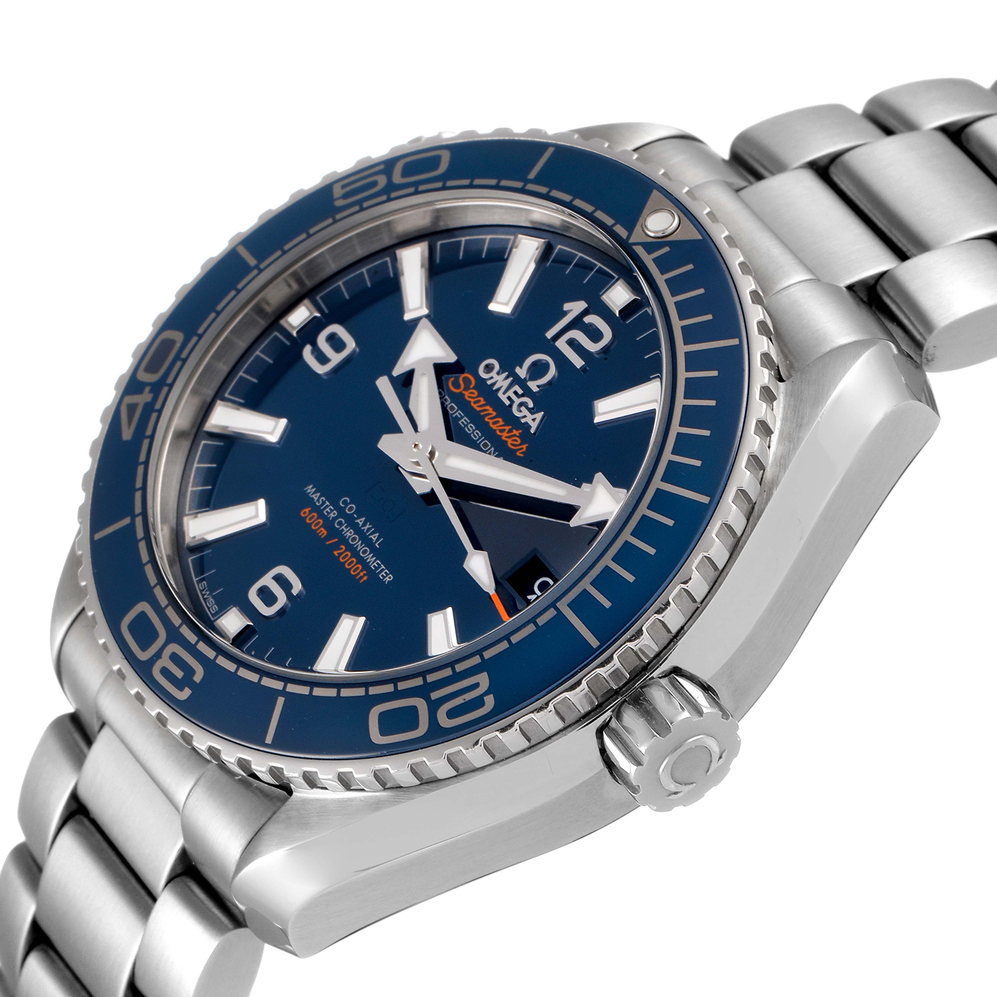 This close-up angled image of the Omega Planet Ocean 215.30.40.20.03.001 Men
s Stainless Steel Blue Dial 215.30.40.20.03.001 Men
s Stainless Steel Blue Dial watch shows its blue dial, bezel, crown, and part of the stainless steel bracelet.