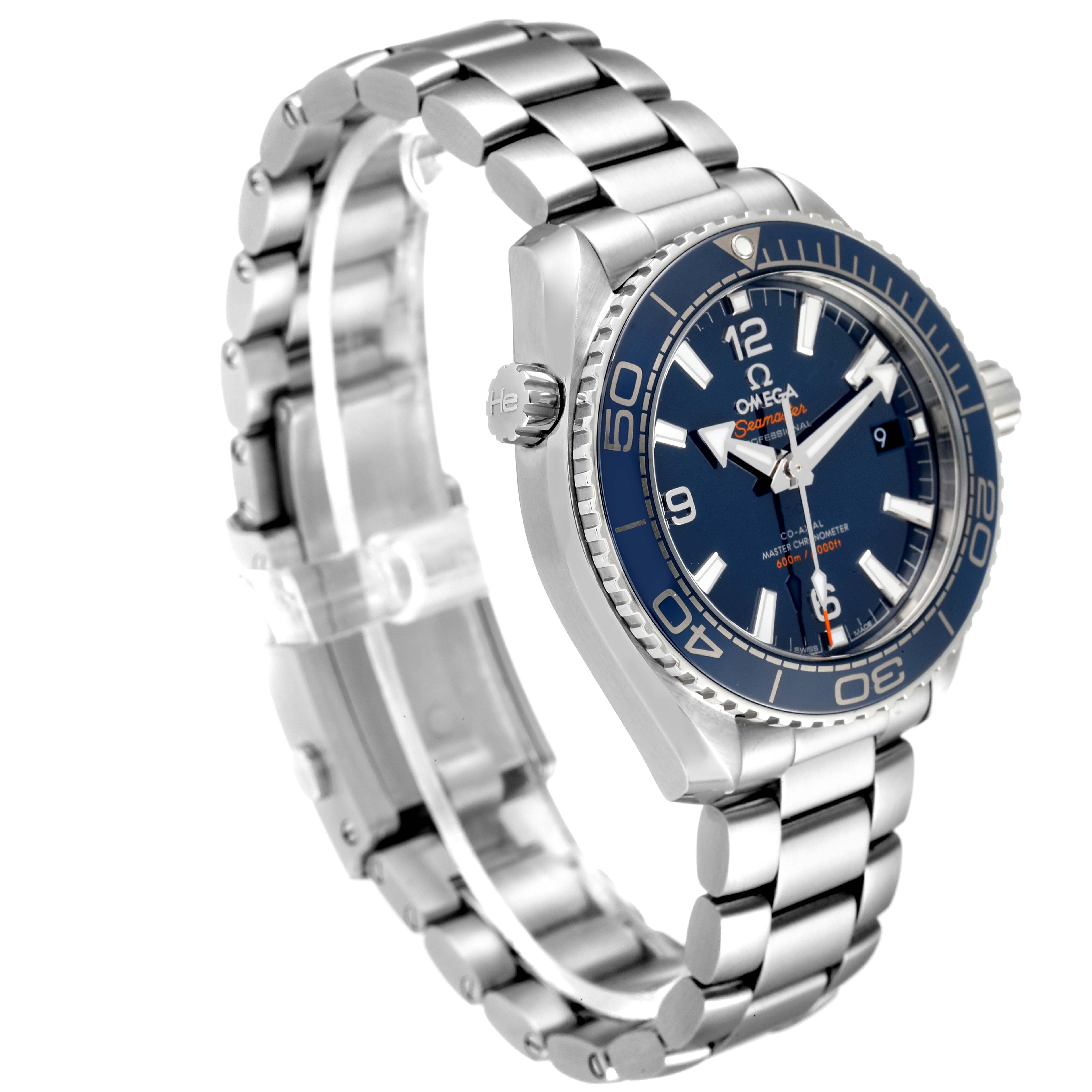 The Omega Planet Ocean 215.30.40.20.03.001 Men
s Stainless Steel Blue Dial 215.30.40.20.03.001 Men
s Stainless Steel Blue Dial model watch is shown at a three-quarter angle, highlighting the bezel, dial, crown, and metal bracelet.