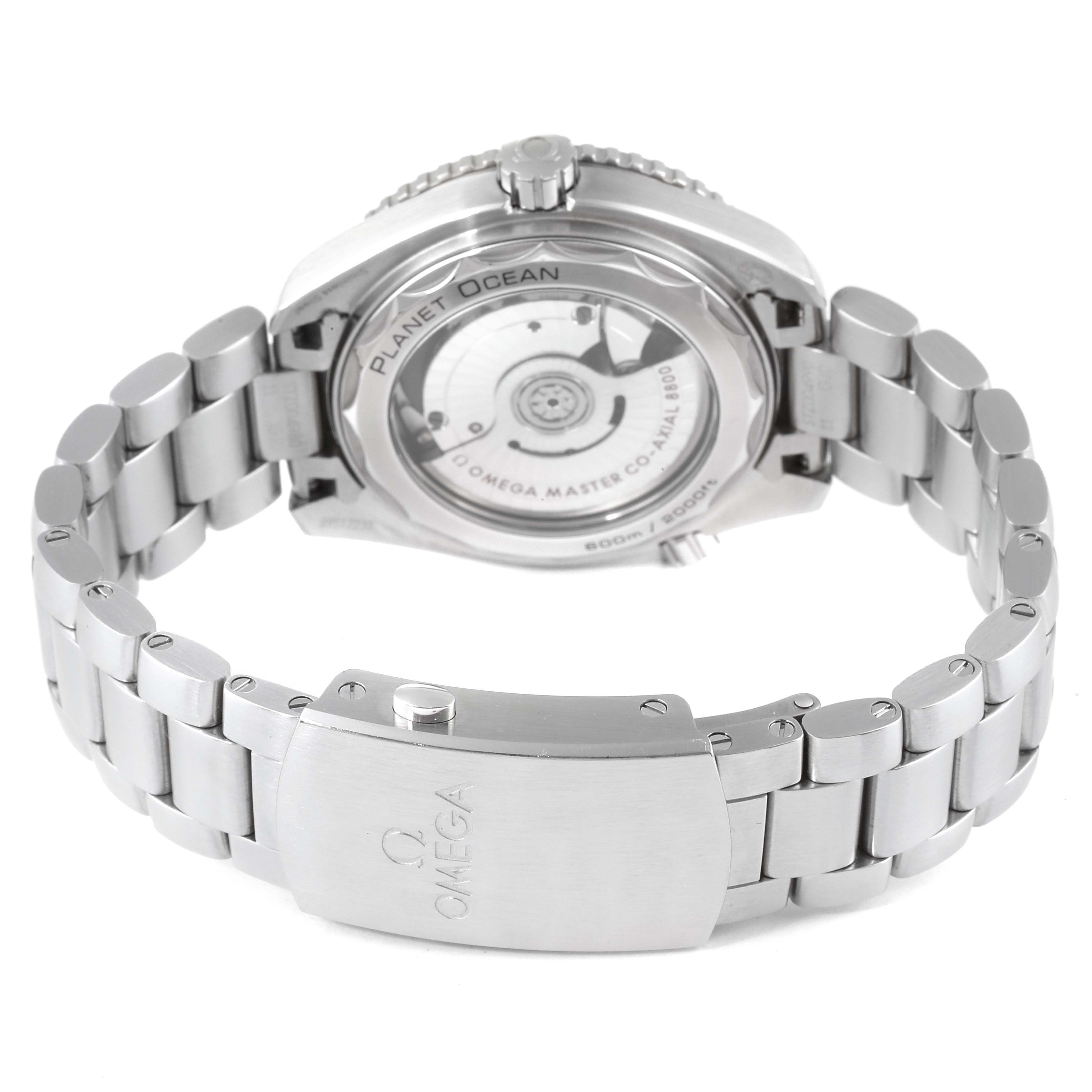 The image shows the back view of the Omega Planet Ocean 215.30.40.20.03.001 Men
s Stainless Steel Blue Dial 215.30.40.20.03.001 Men
s Stainless Steel Blue Dial watch, displaying its case back and stainless steel bracelet.