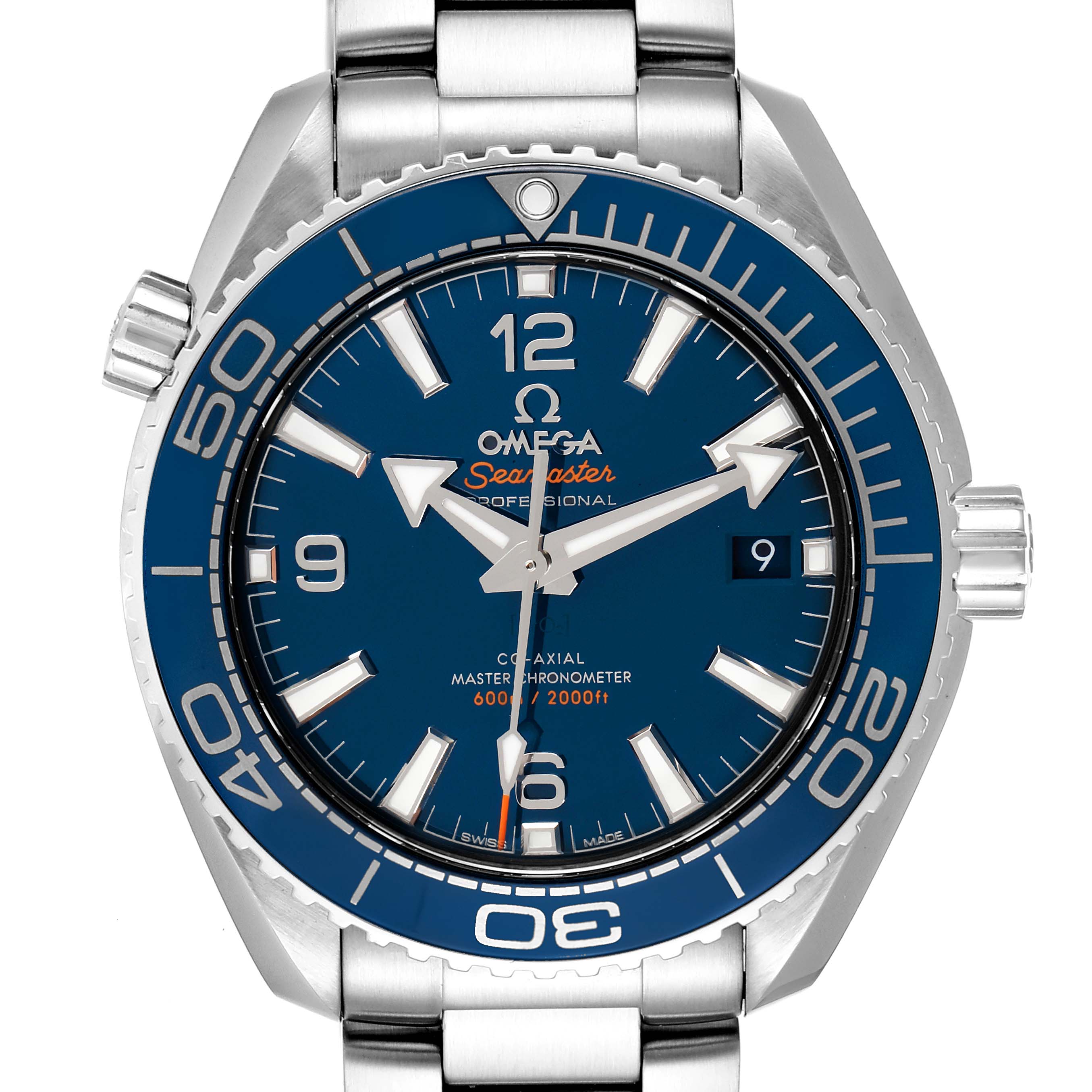 The image shows a front view of the Omega Planet Ocean 215.30.40.20.03.001 Men
s Stainless Steel Blue Dial 215.30.40.20.03.001 Men
s Stainless Steel Blue Dial Seamaster watch, highlighting its blue dial and metal bracelet.