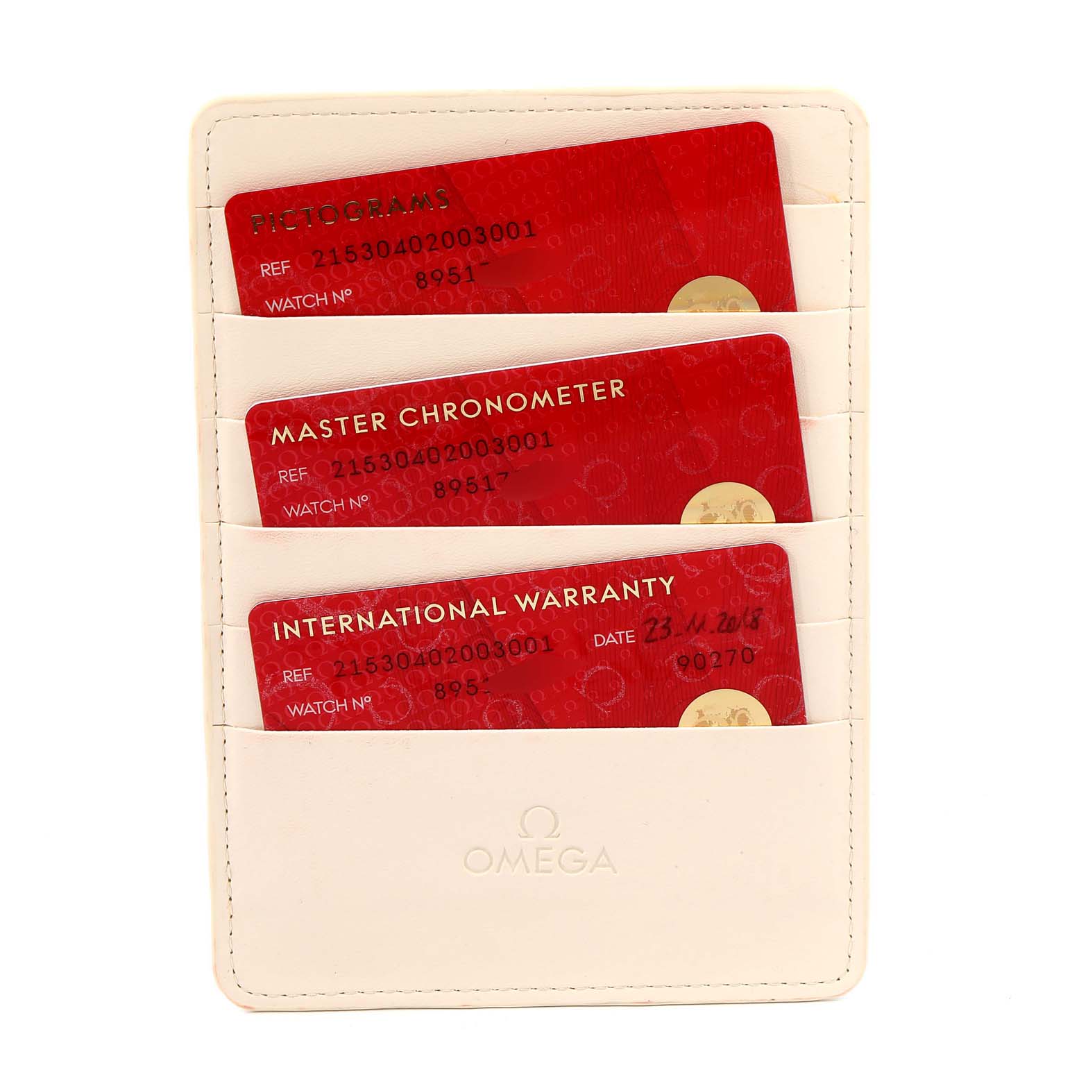 The image shows the warranty card holder and warranty cards for the Omega Planet Ocean 215.30.40.20.03.001 Men
s Stainless Steel Blue Dial 215.30.40.20.03.001 Men
s Stainless Steel Blue Dial model.