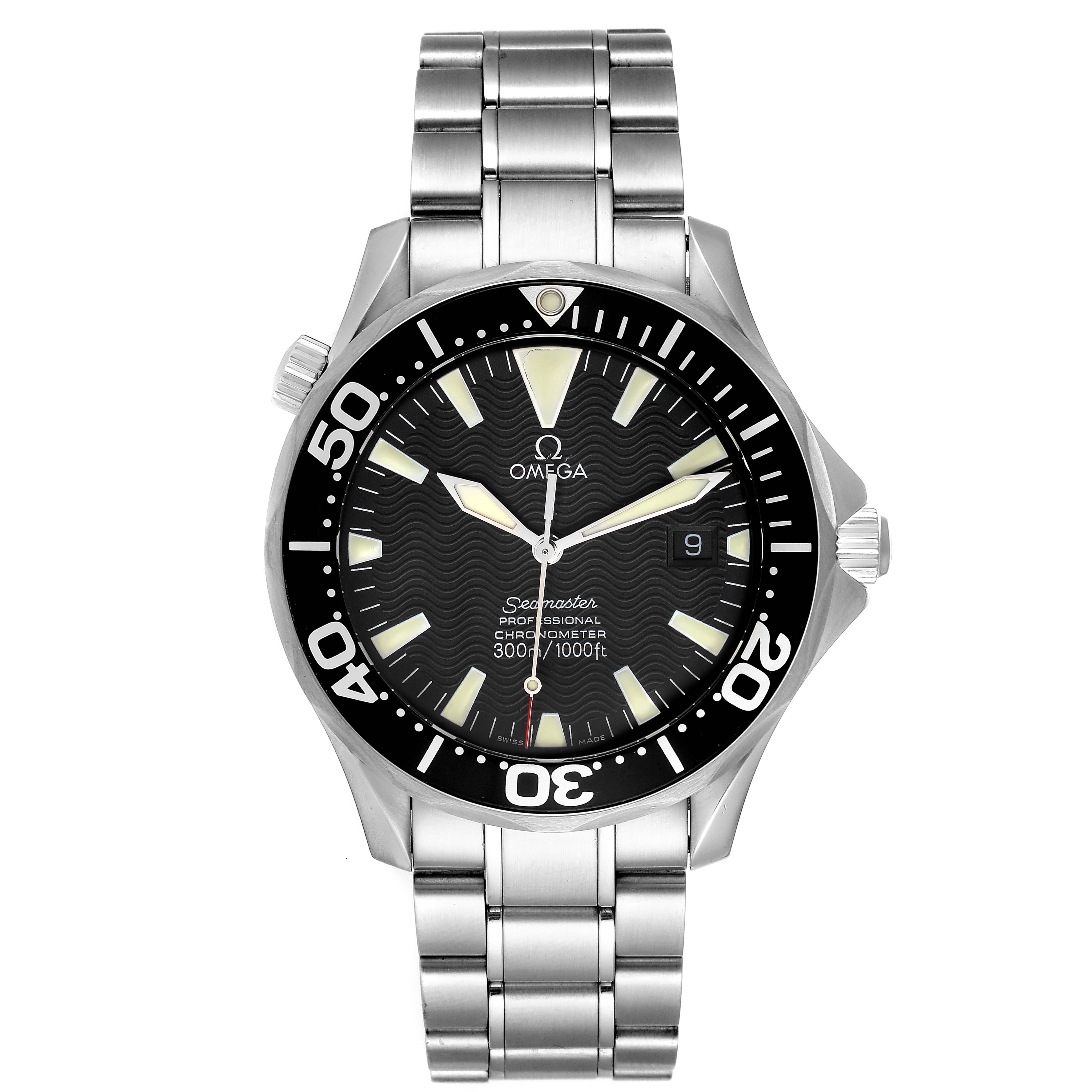 The Omega Seamaster 2254.50.00 Men's Stainless Steel Black Dial 2254.50.00 Men's Stainless Steel Black Dial watch is shown front-facing, highlighting its dial, bezel, bracelet, and crown.