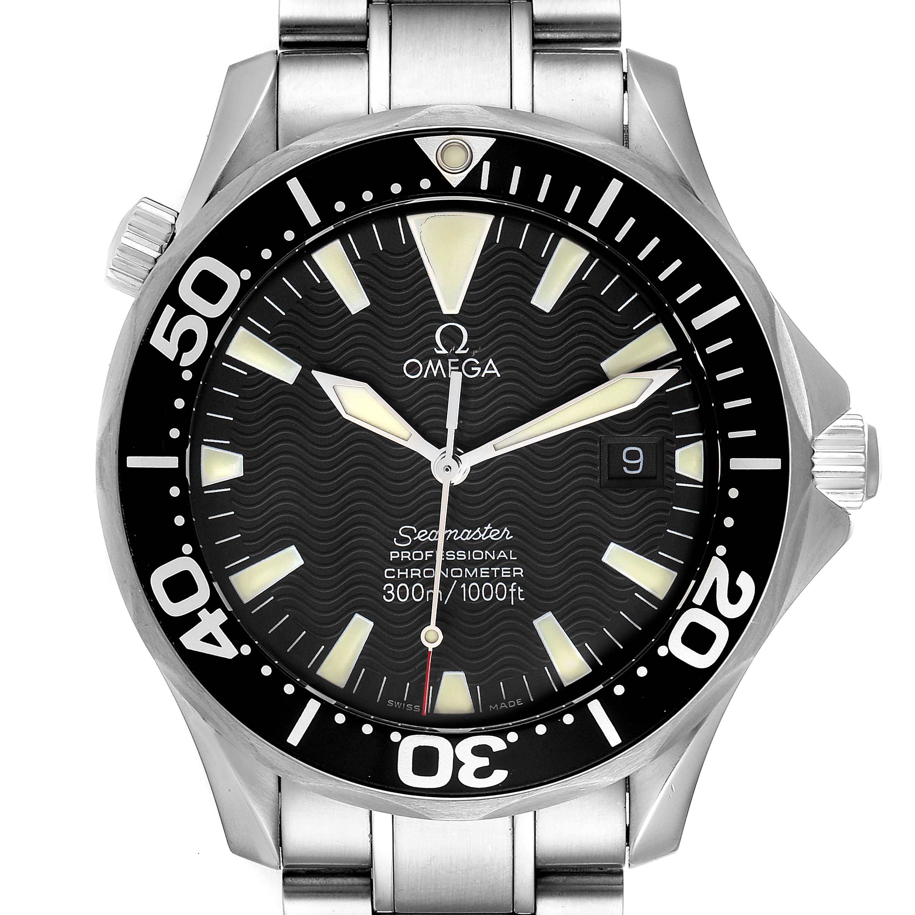 The image shows a front view of the Omega Seamaster 2254.50.00 Men's Stainless Steel Black Dial 2254.50.00 Men's Stainless Steel Black Dial watch, highlighting its face, bezel, and bracelet.