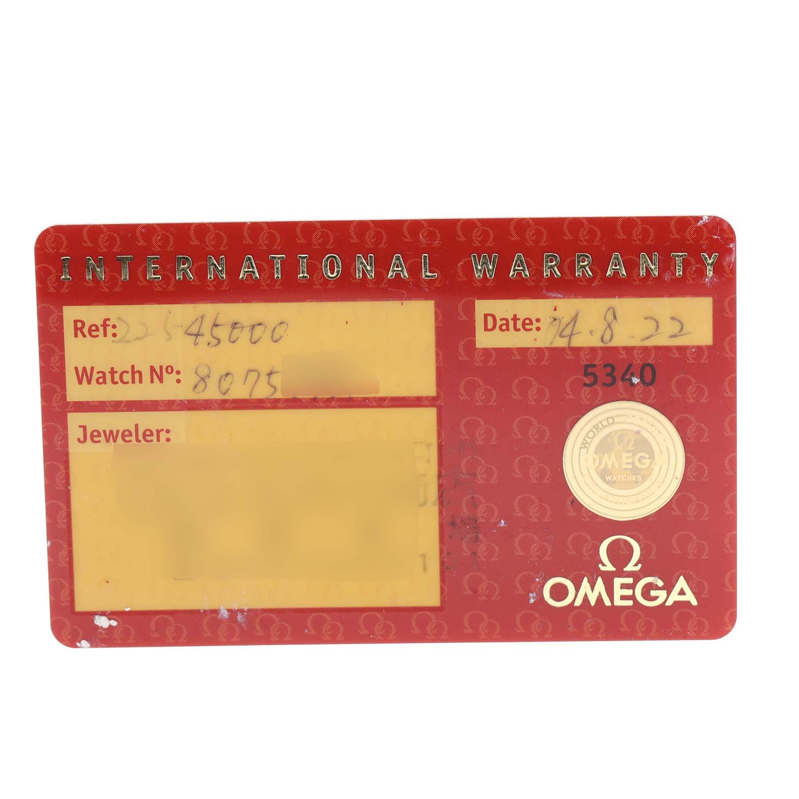 The image shows the International Warranty card for the Omega Seamaster 2254.50.00 Men's Stainless Steel Black Dial 2254.50.00 Men's Stainless Steel Black Dial watch model.