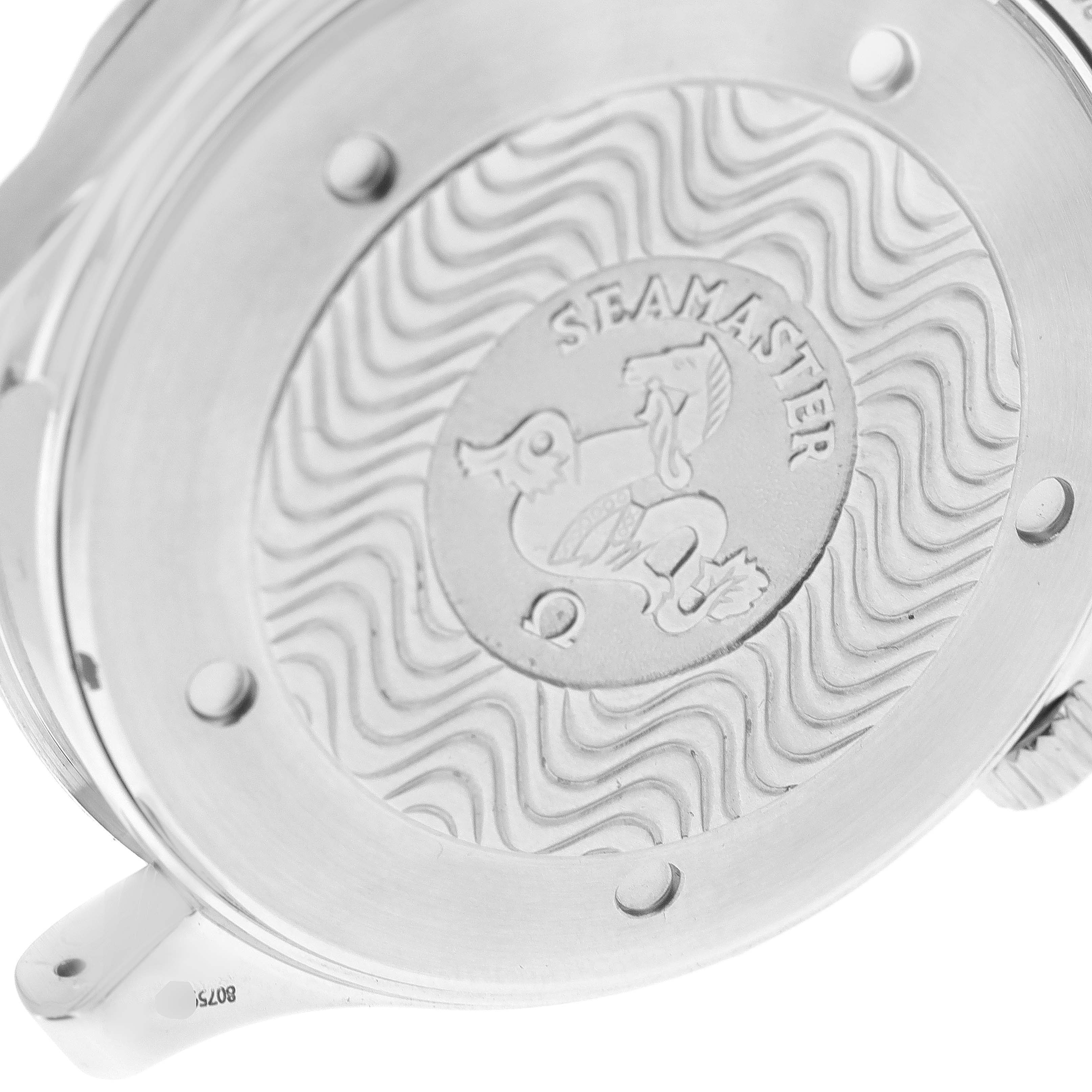 This image shows the back case of an Omega Seamaster 2254.50.00 Men's Stainless Steel Black Dial 2254.50.00 Men's Stainless Steel Black Dial watch from an oblique angle, highlighting its embossed design.