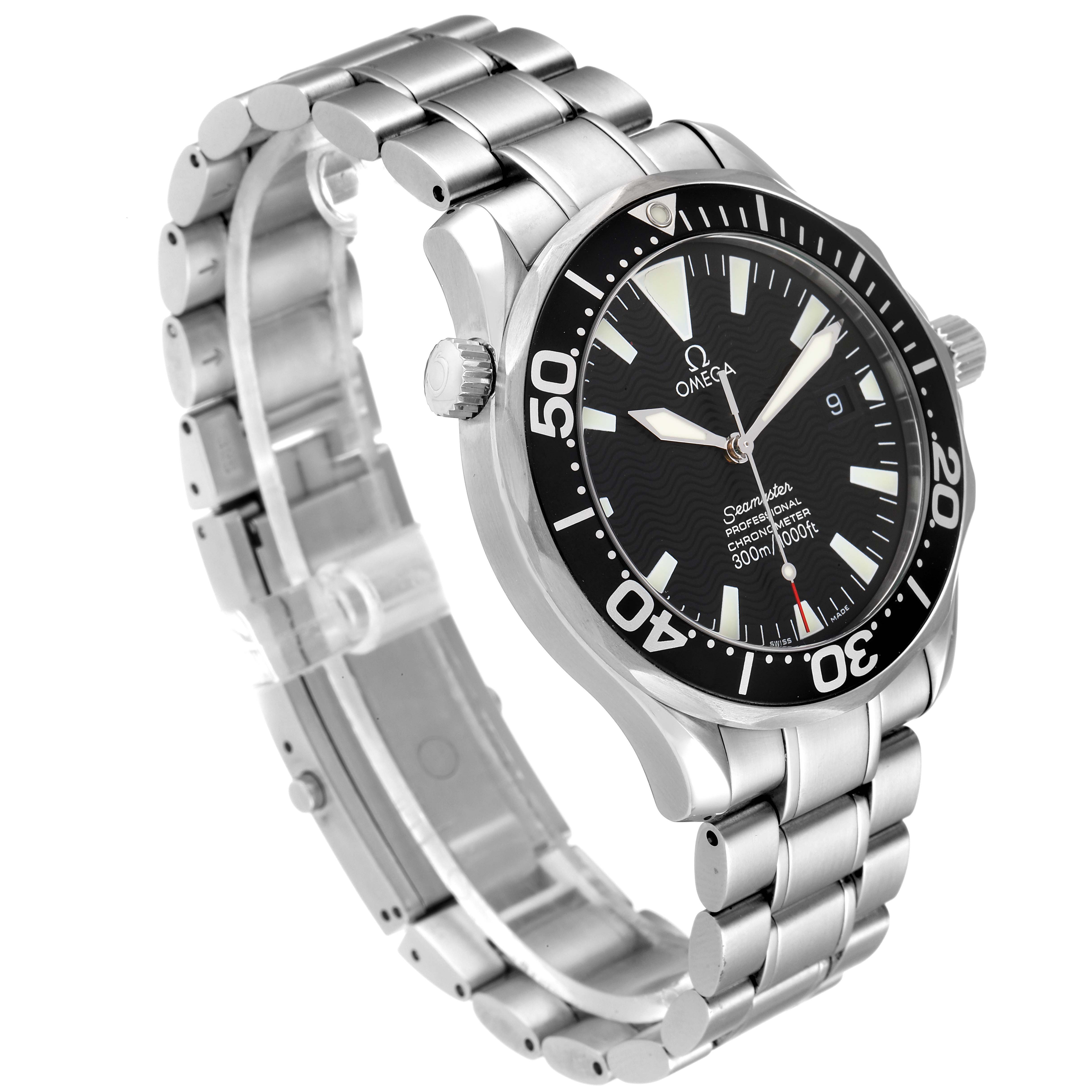 The image shows an angled view of the Omega Seamaster 2254.50.00 Men's Stainless Steel Black Dial 2254.50.00 Men's Stainless Steel Black Dial watch, displaying the face, bezel, crown, and stainless-steel bracelet.