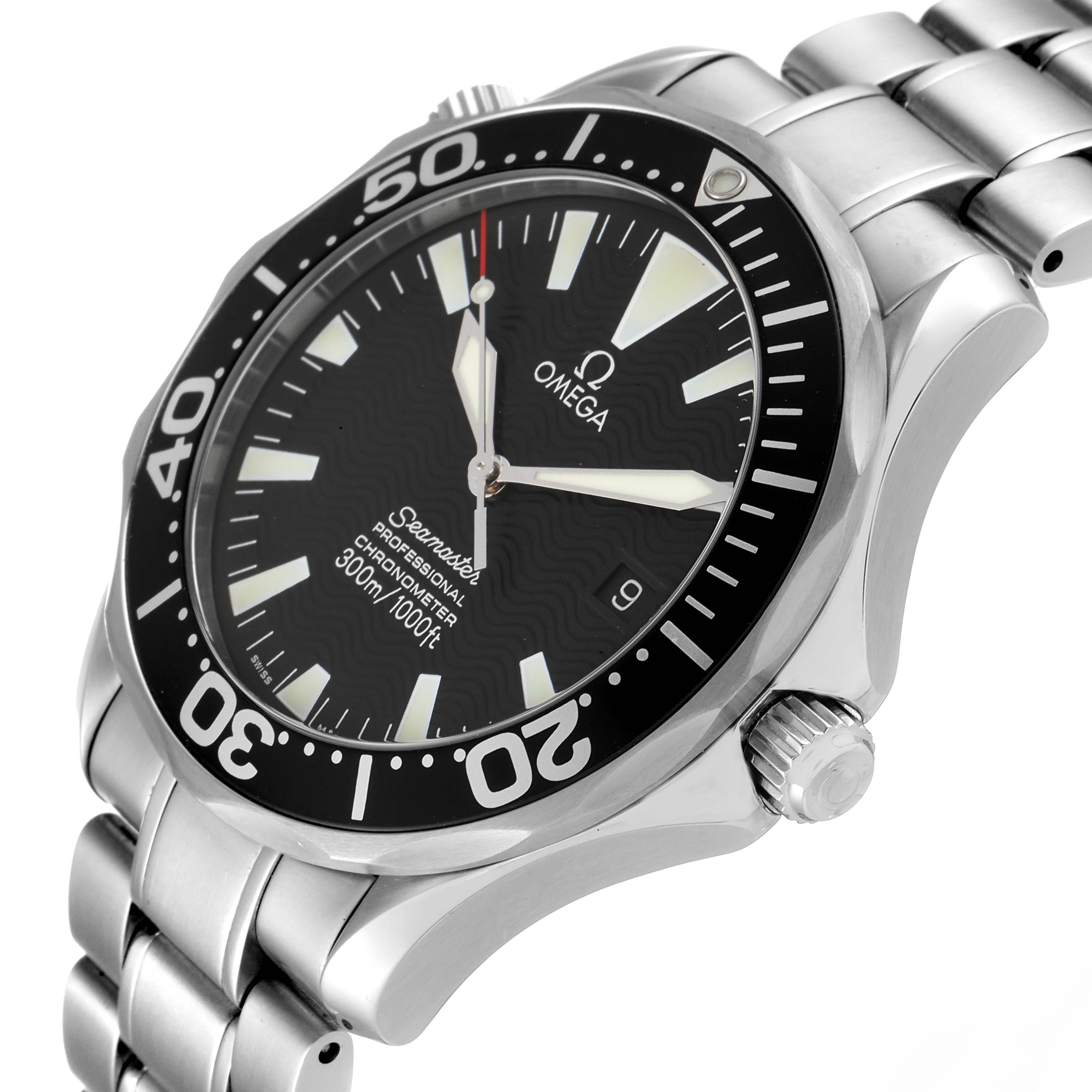 The Omega Seamaster 2254.50.00 Men's Stainless Steel Black Dial 2254.50.00 Men's Stainless Steel Black Dial watch is shown at an angled view, displaying its dial, bezel, bracelet, and crown.