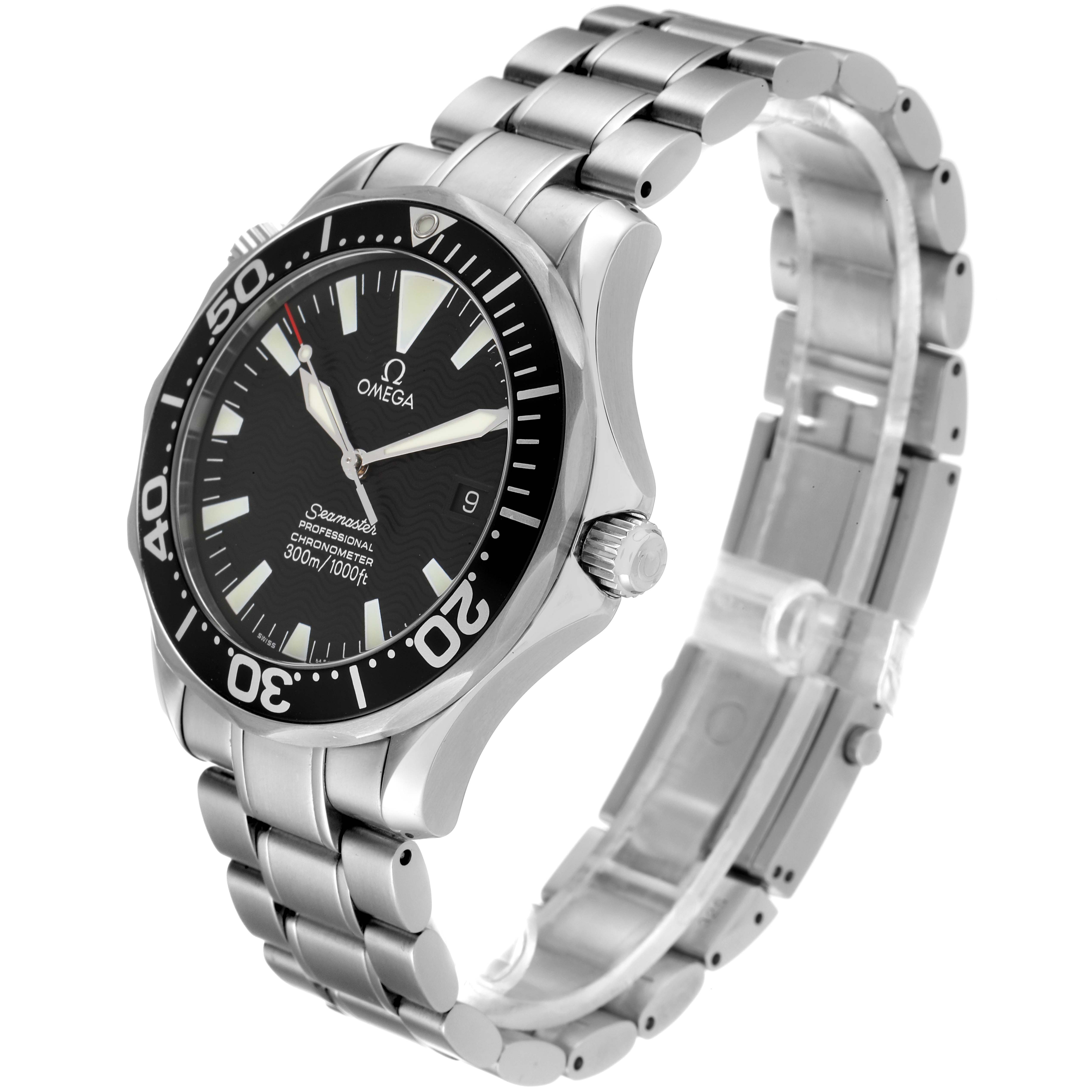 The Omega Seamaster 2254.50.00 Men's Stainless Steel Black Dial 2254.50.00 Men's Stainless Steel Black Dial watch is shown from a front-side angle, displaying the face, bezel, crown, and metal bracelet.