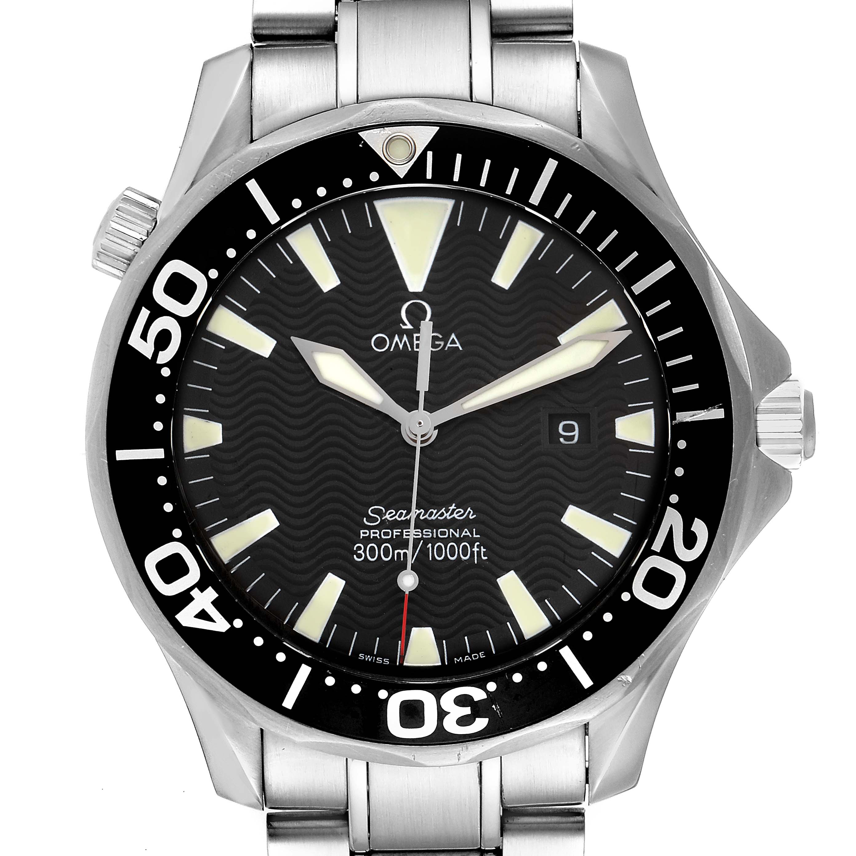 This image shows a front view of an Omega Seamaster 2264.50.00 Men's Stainless Steel Black Dial 2264.50.00 Men's Stainless Steel Black Dial watch, including the bezel, dial, hands, and part of the bracelet.