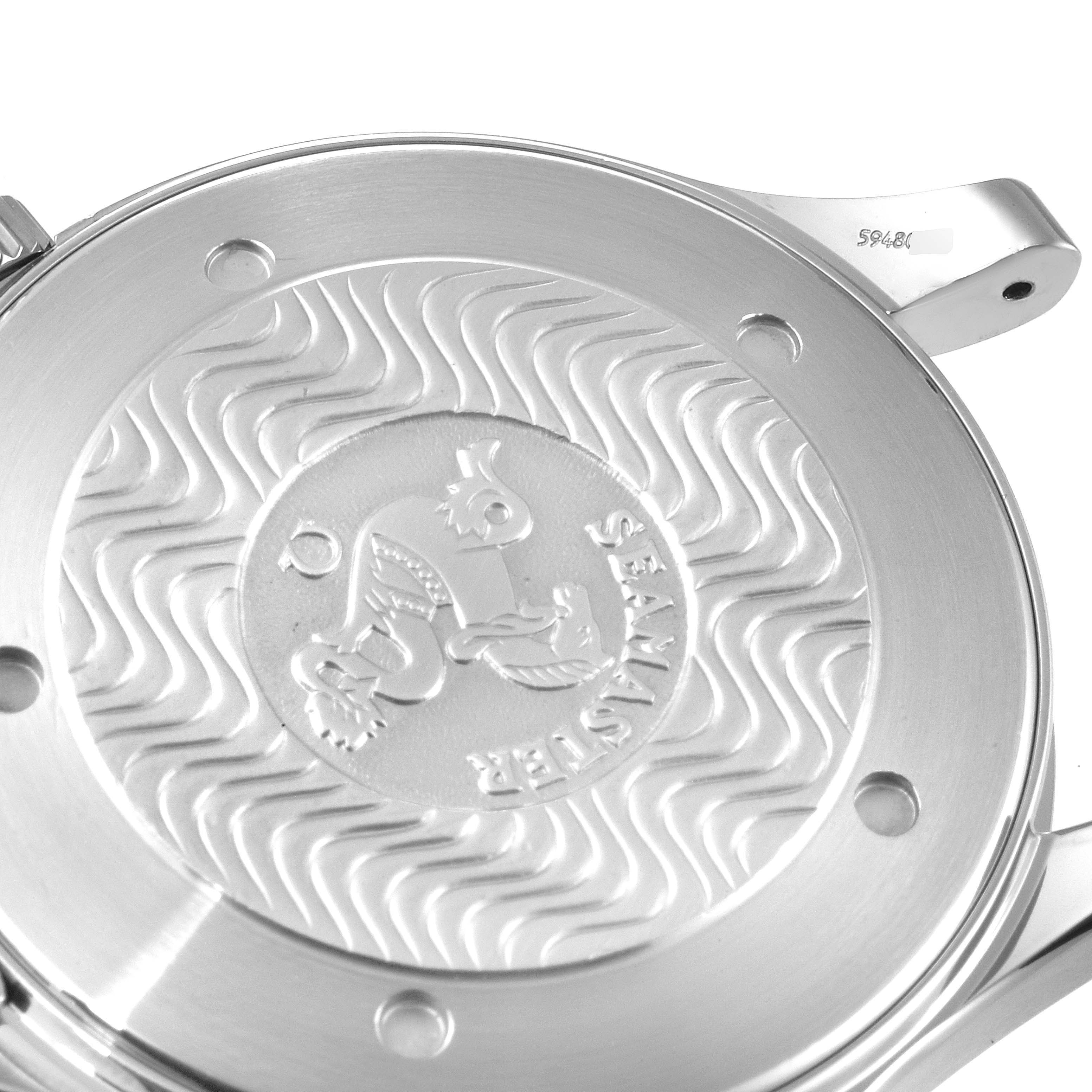 This image shows the back case of an Omega Seamaster 2264.50.00 Men's Stainless Steel Black Dial 2264.50.00 Men's Stainless Steel Black Dial watch, featuring its engraved design and branding.