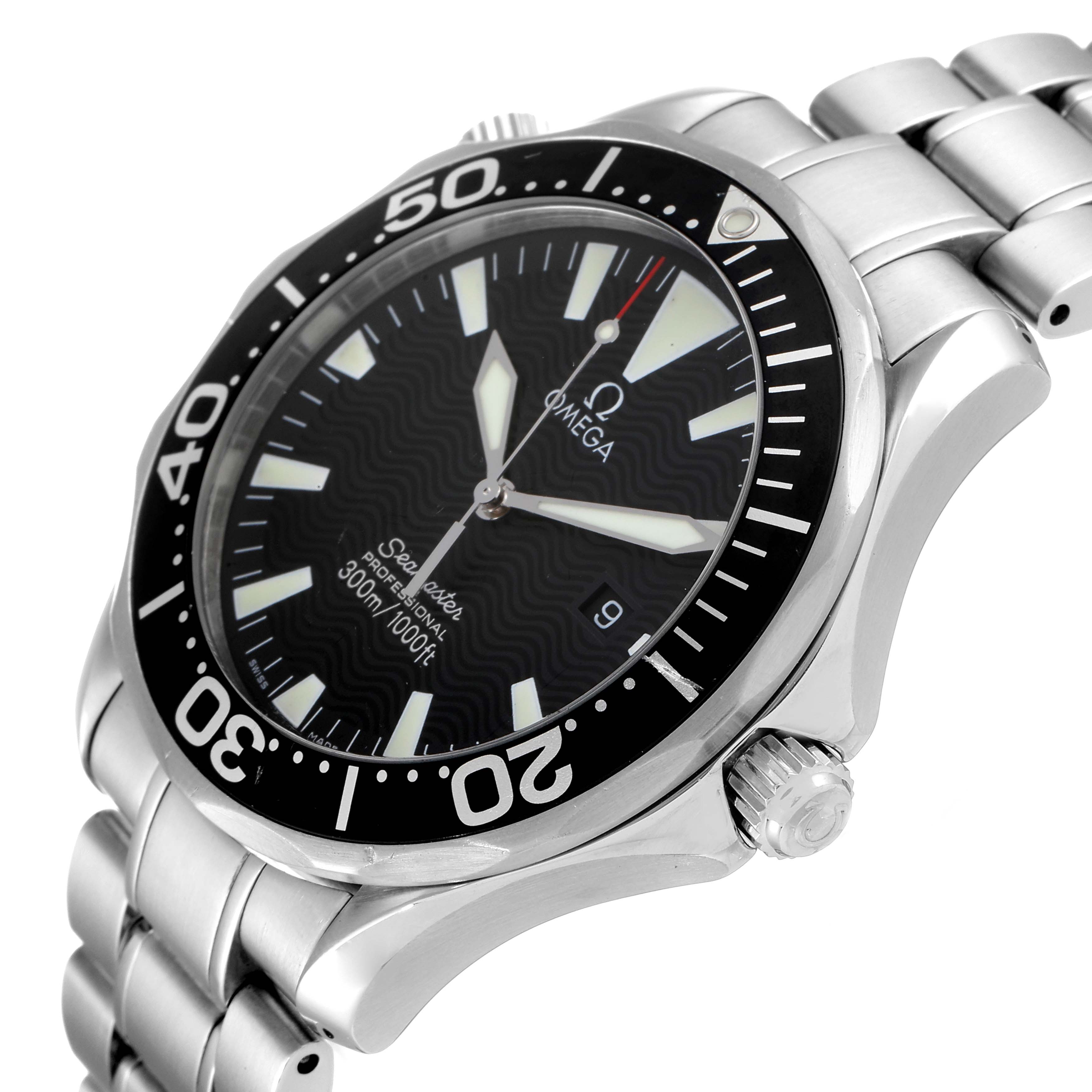 This Omega Seamaster 2264.50.00 Men's Stainless Steel Black Dial 2264.50.00 Men's Stainless Steel Black Dial watch is shown at a slight angle highlighting the face, bezel, crown, and metallic bracelet.