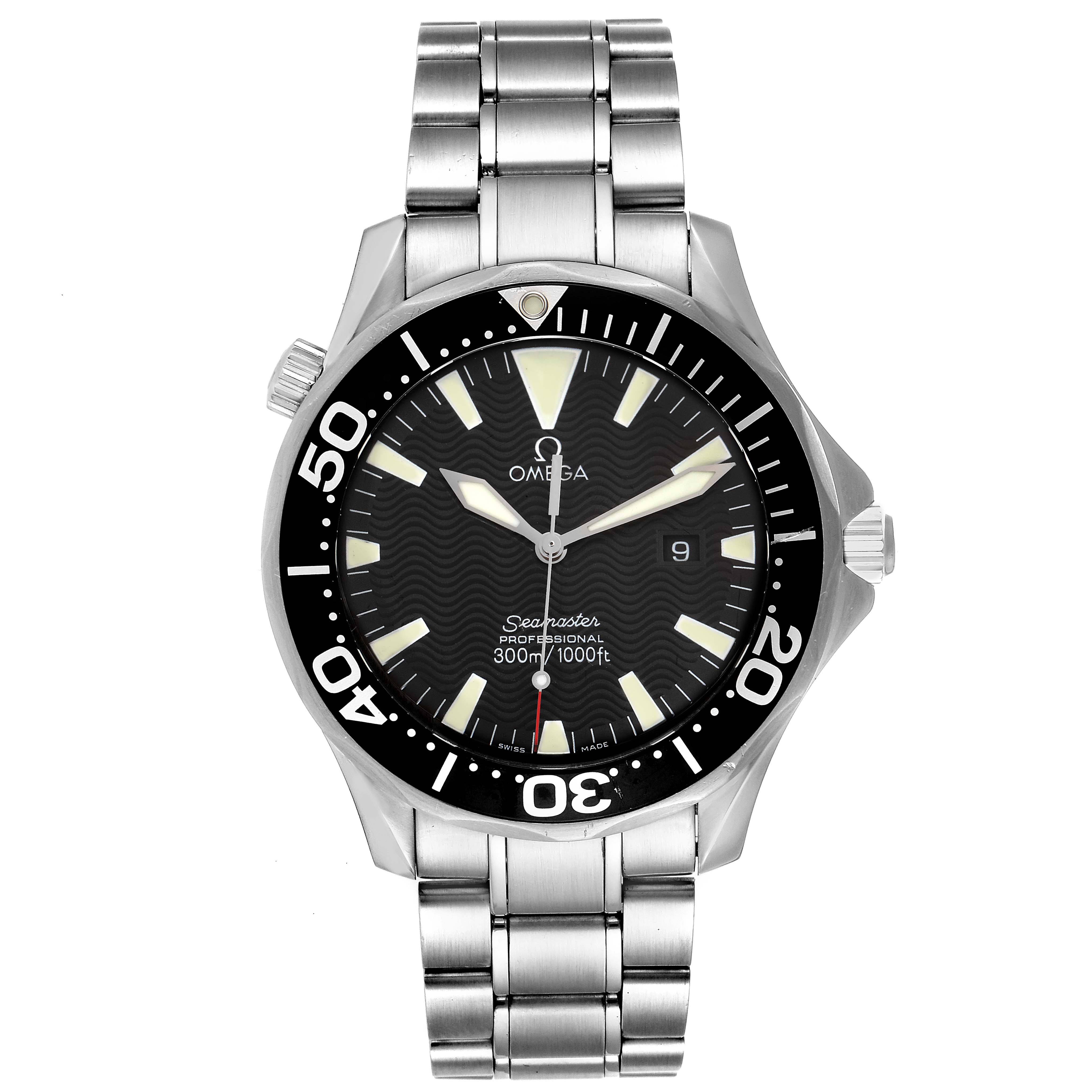 The image shows a front view of an Omega Seamaster 2264.50.00 Men's Stainless Steel Black Dial 2264.50.00 Men's Stainless Steel Black Dial watch, highlighting the dial, bezel, crown, and stainless steel bracelet.