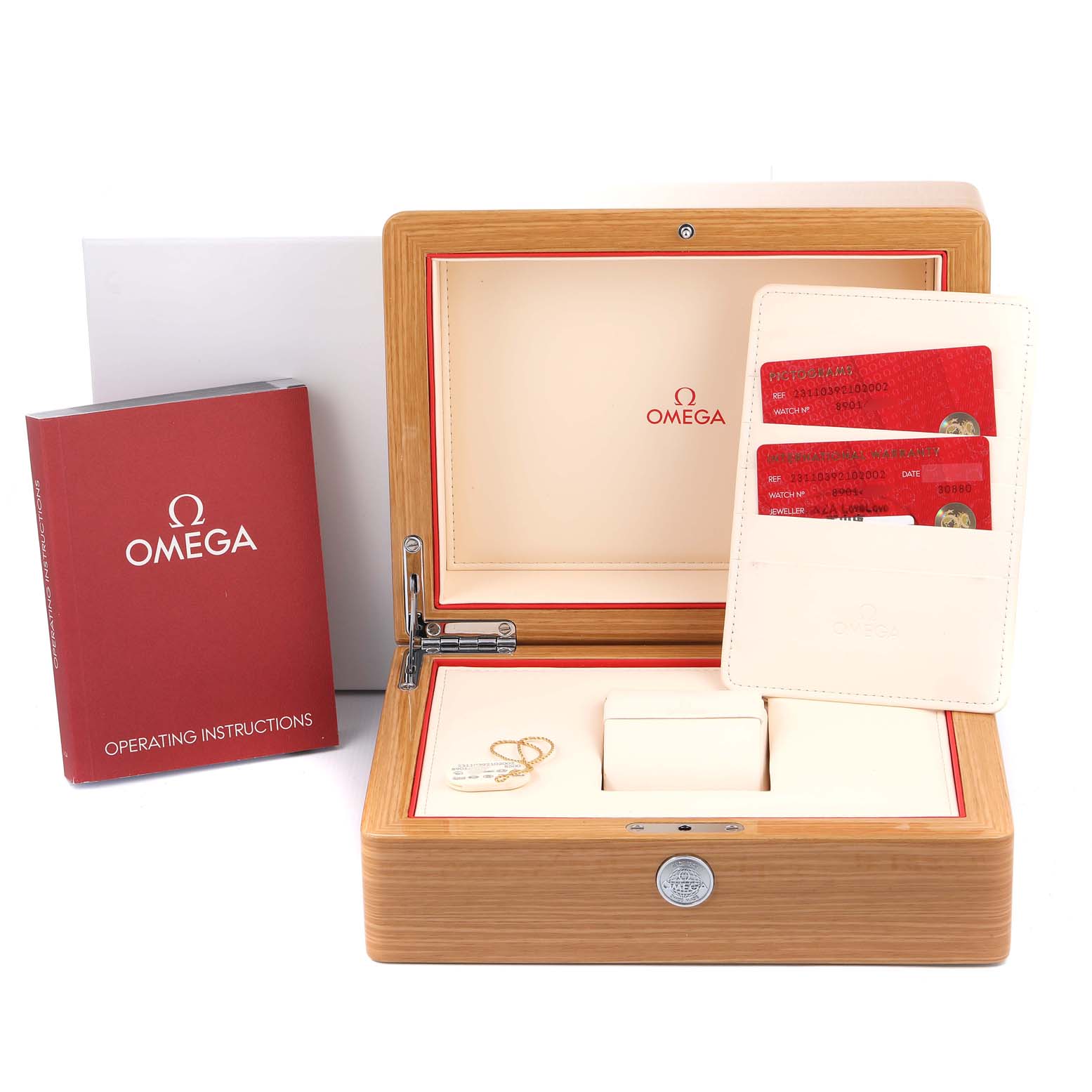 The image shows an Omega Aqua Terra 231.10.39.21.02.002 Men's Stainless Steel Silver Dial 231.10.39.21.02.002 Men's Stainless Steel Silver Dial watch box, warranty cards, and operating instructions at a front angle.