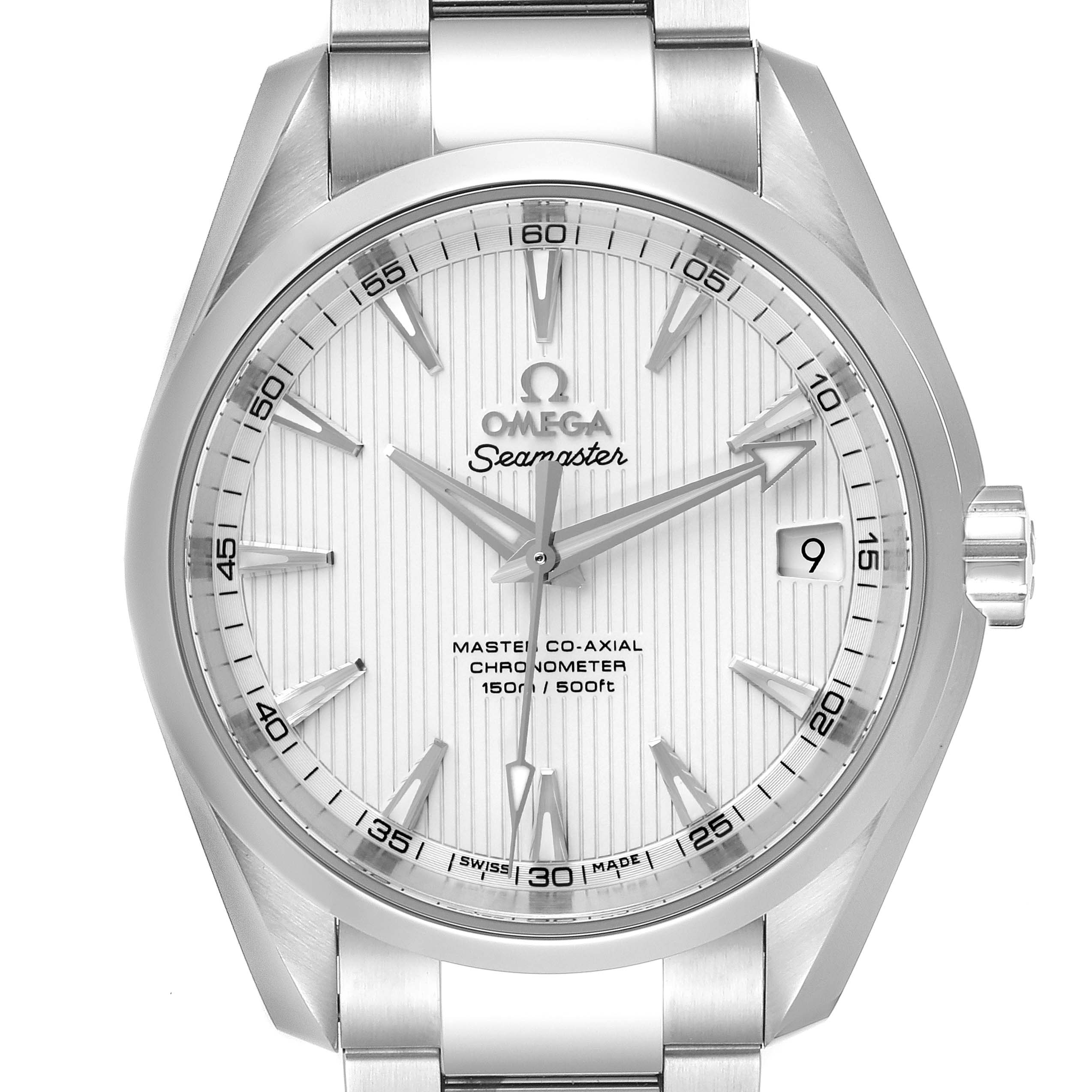 This image shows a front view of the Aqua Terra model by Omega, highlighting the dial, hands, date window, and part of the bracelet.