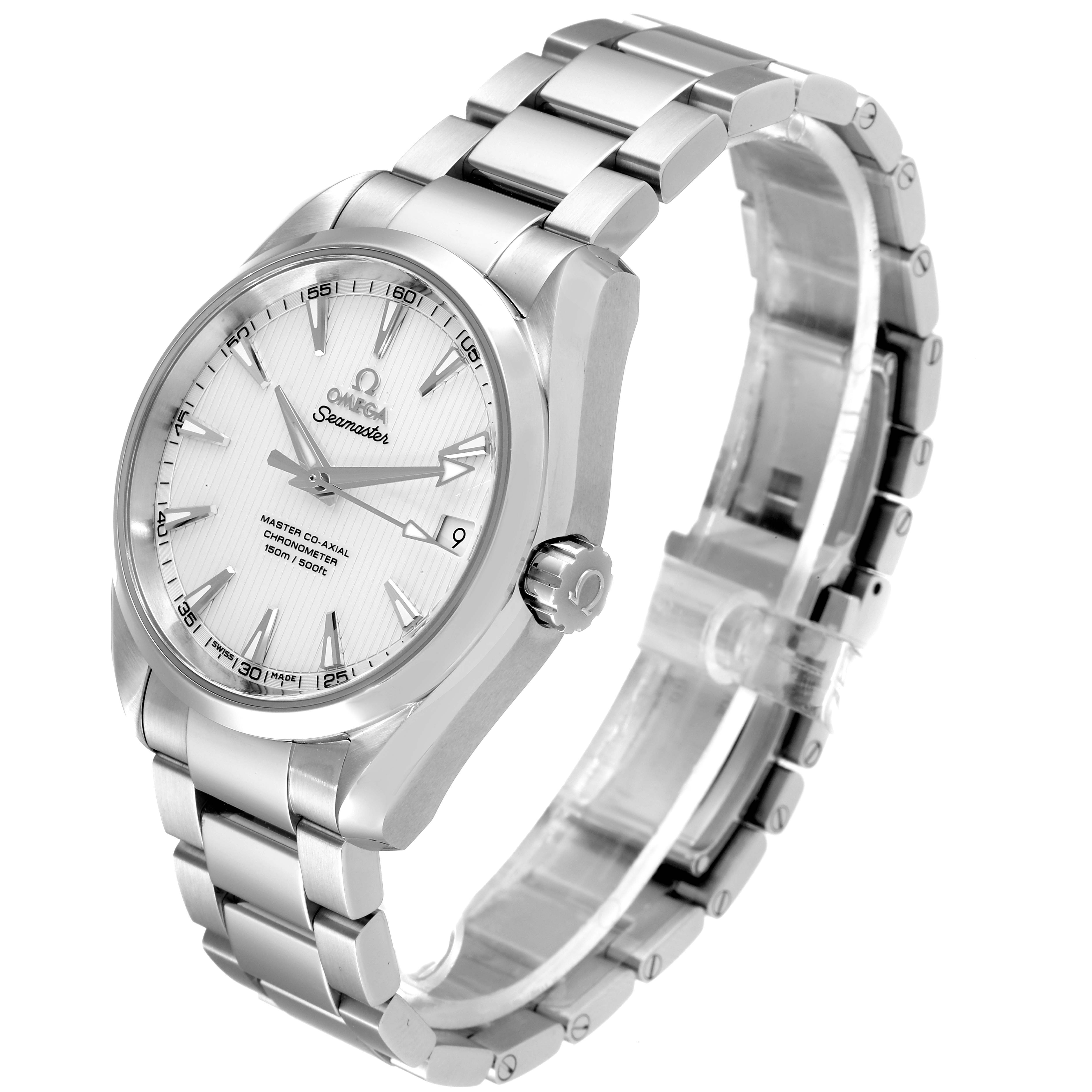 The Omega Aqua Terra 231.10.39.21.02.002 Men's Stainless Steel Silver Dial 231.10.39.21.02.002 Men's Stainless Steel Silver Dial watch is shown at a slight angle, displaying its face, crown, and stainless steel bracelet.
