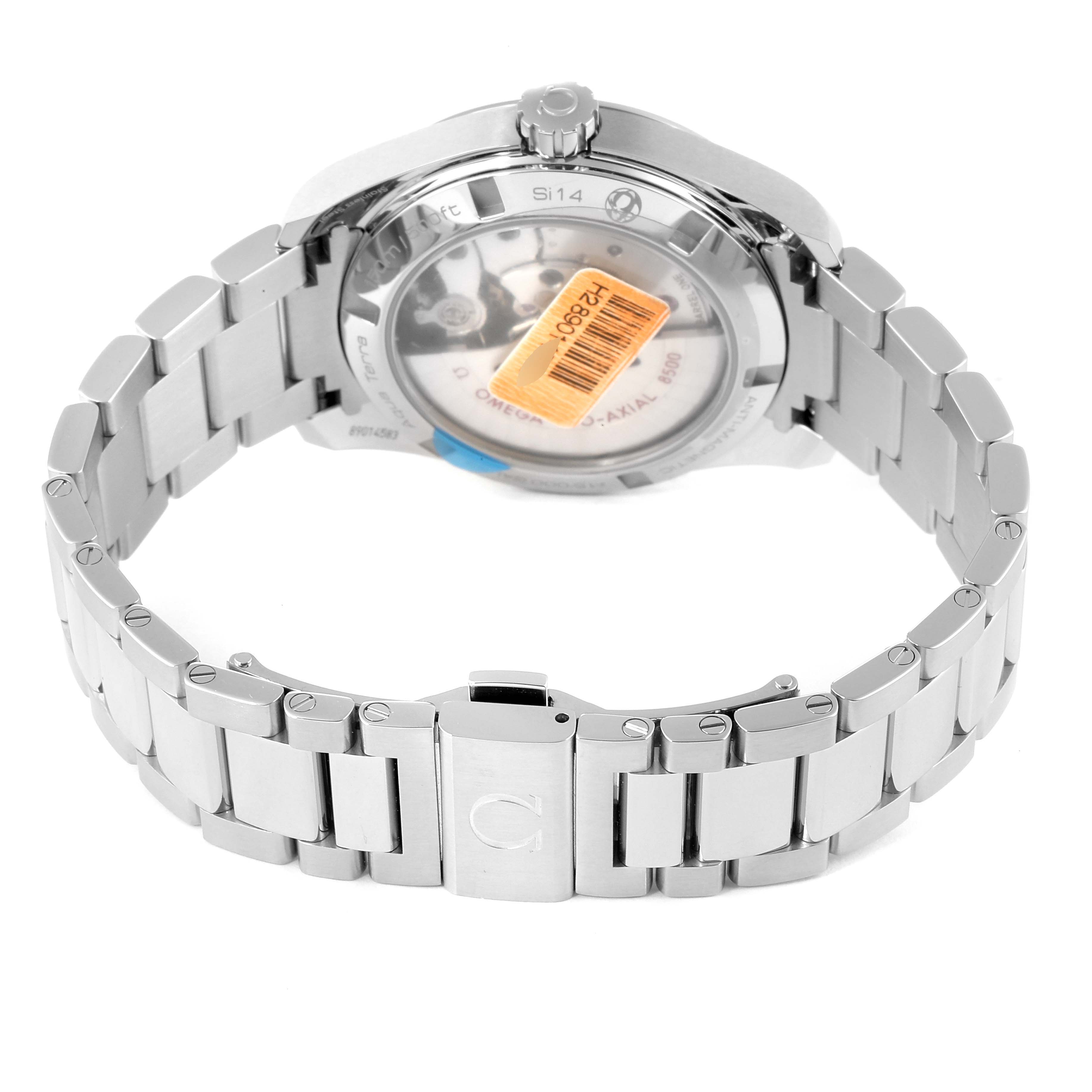 The image shows the back view of an Omega Aqua Terra 231.10.39.21.02.002 Men's Stainless Steel Silver Dial 231.10.39.21.02.002 Men's Stainless Steel Silver Dial watch, highlighting its stainless steel bracelet and transparent case back.