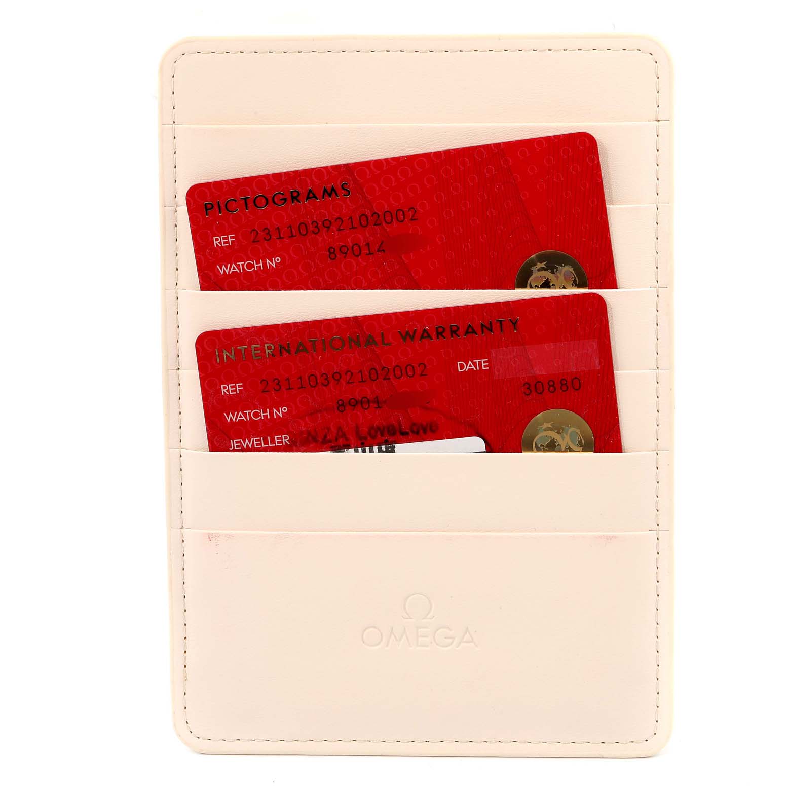 This image shows the warranty and pictogram cards for the Omega Aqua Terra 231.10.39.21.02.002 Men's Stainless Steel Silver Dial 231.10.39.21.02.002 Men's Stainless Steel Silver Dial model in a white cardholder.